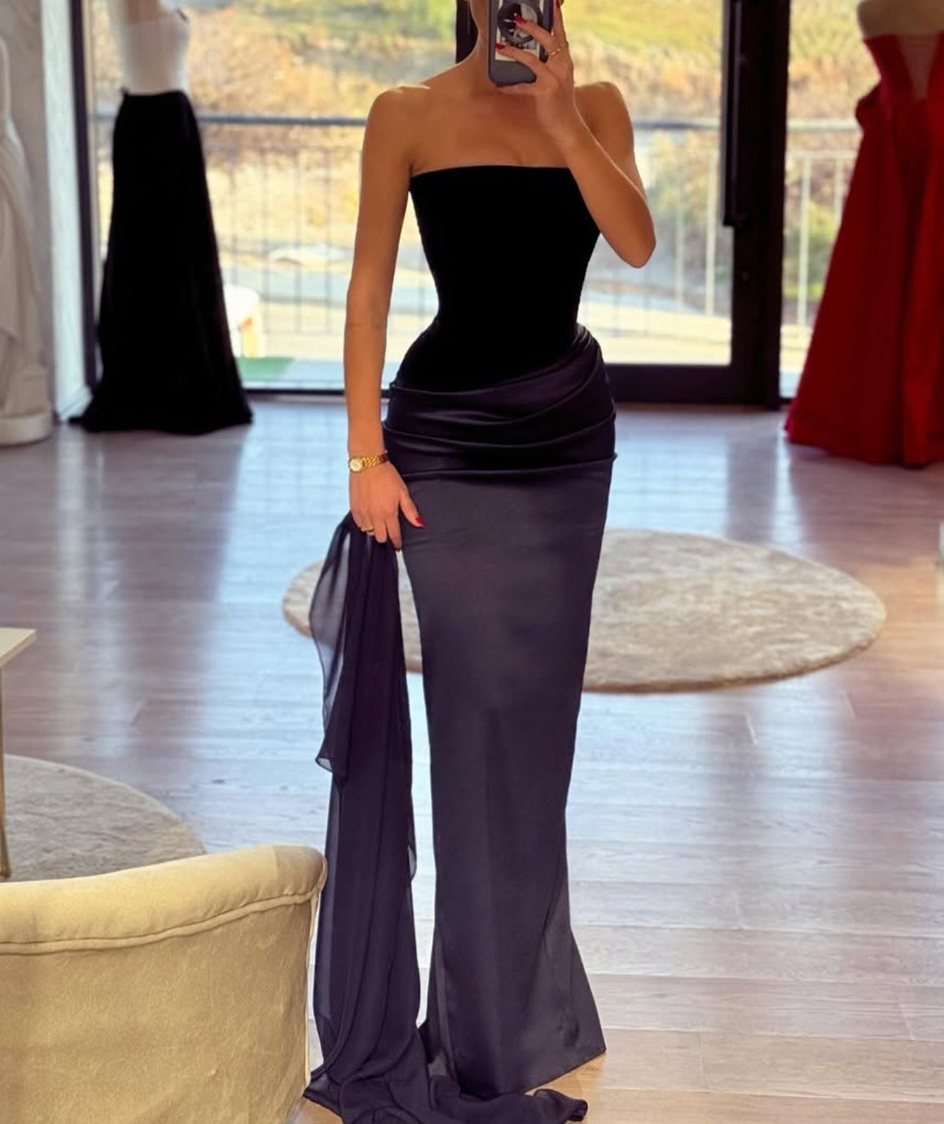 Strapless Ruched Bodice Long Mermaid Prom Dress With Shawl - Navy Blue