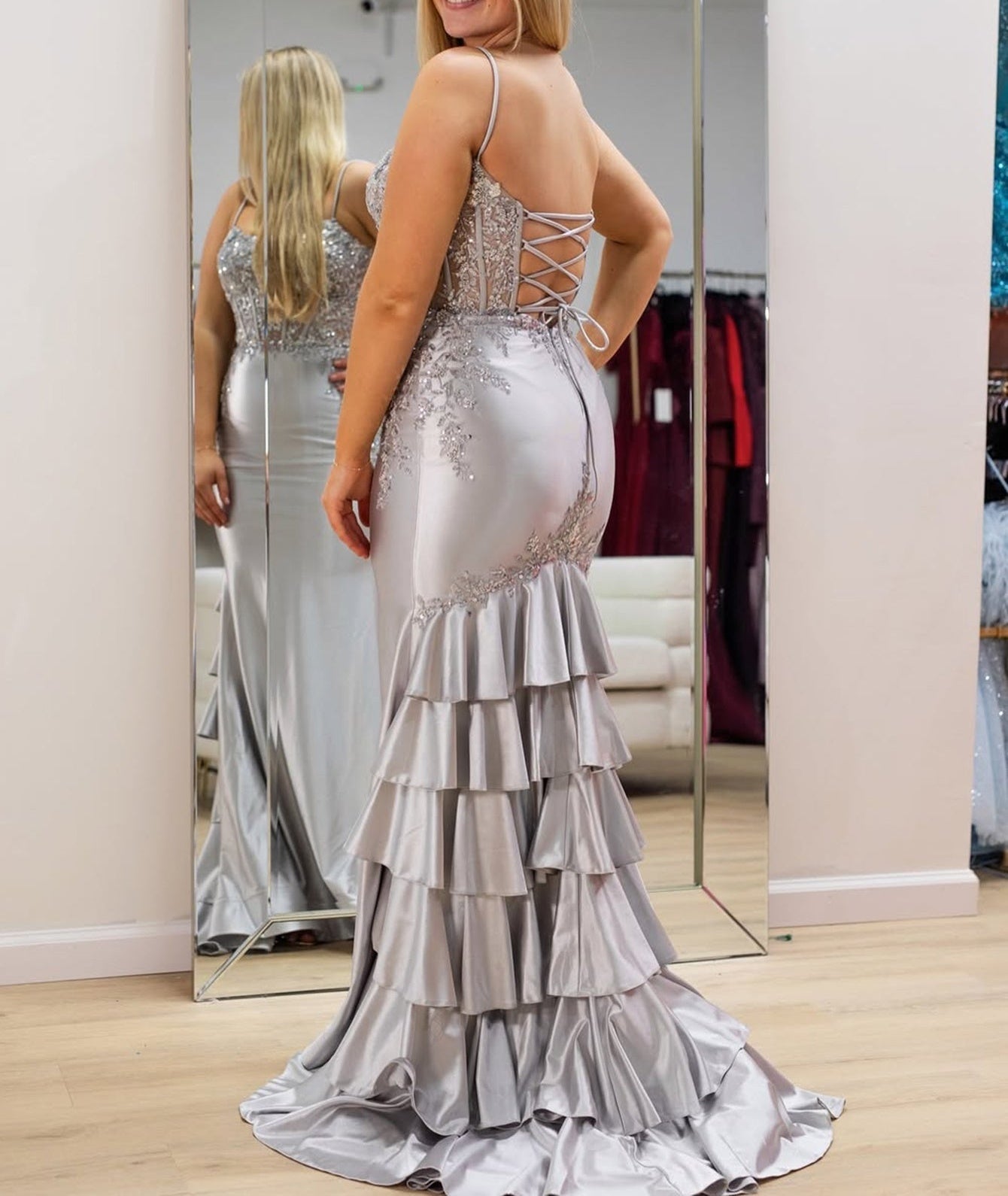 Spaghetti Strap Lace Up Beading Illusion Pleated Bodice Mermaid Prom Dress - Silver