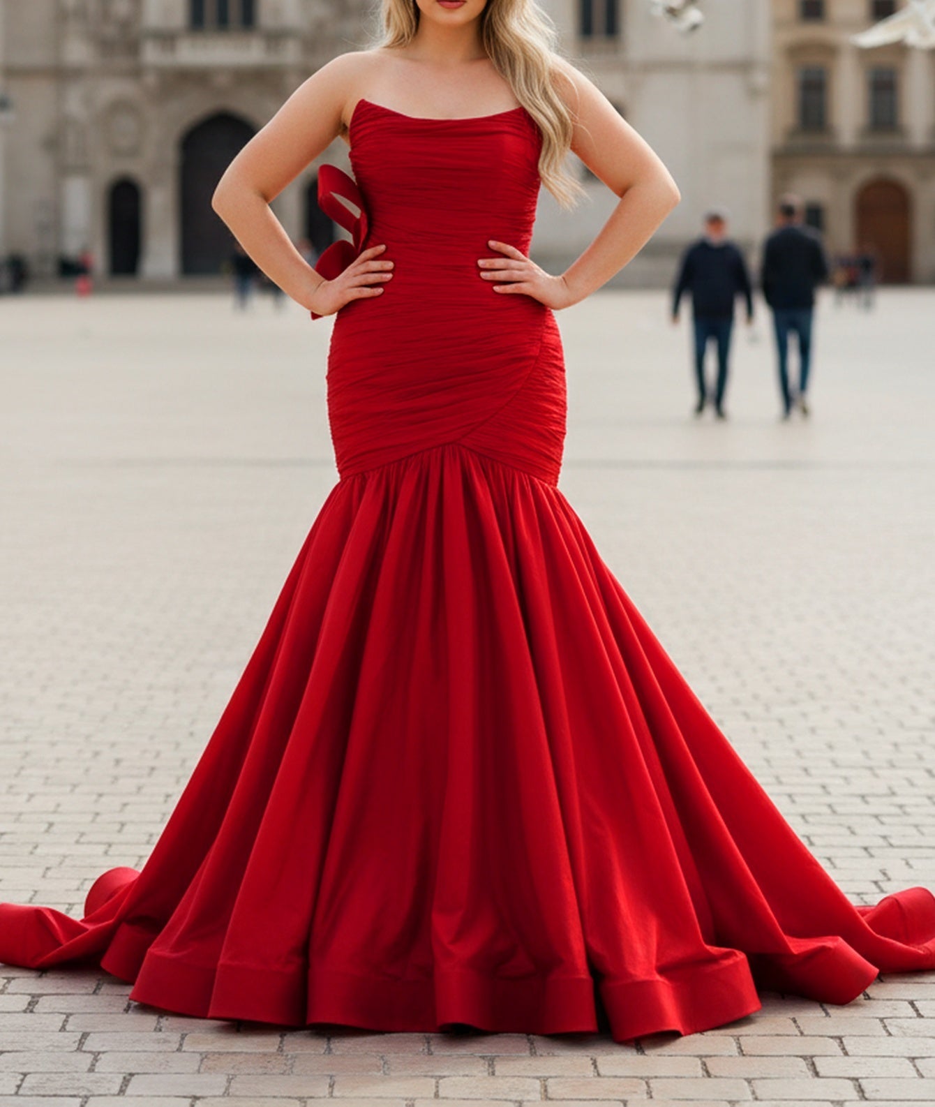 Strapless Ruched Bow Back Bodice Ball Gown Prom Dress - Red