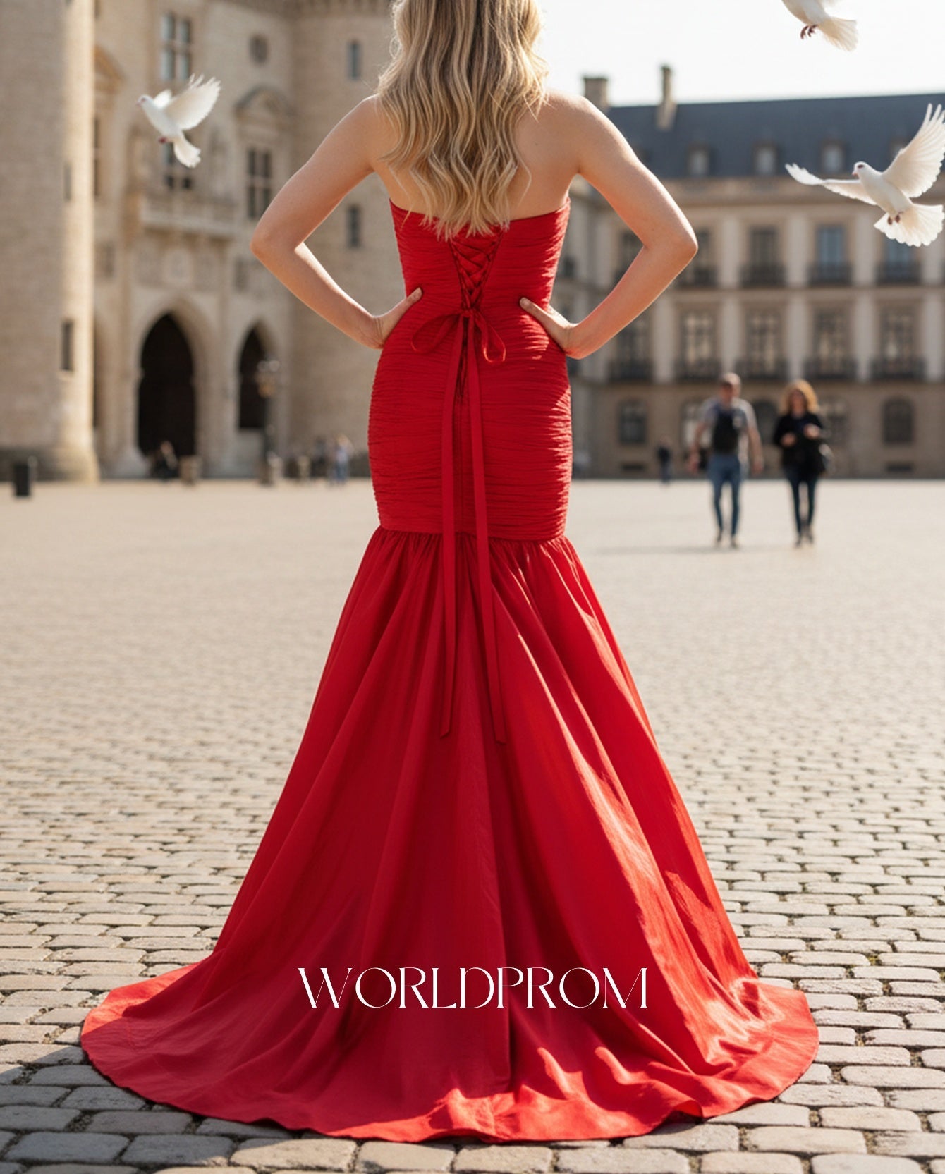 Strapless Ruched Bow Back Bodice Ball Gown Prom Dress - Red