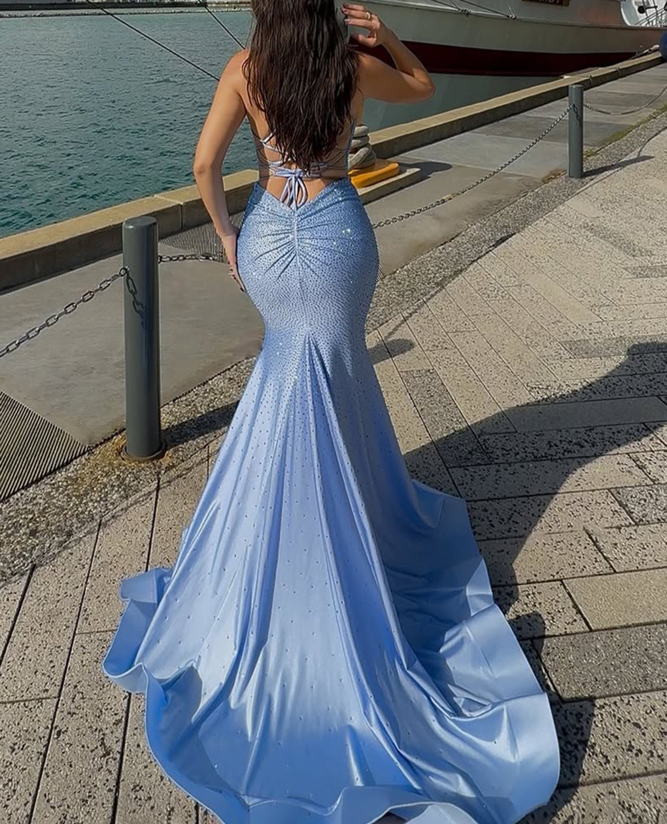 Sparkly Spaghetti Strap Beading Pleated Lace Up Bodice Mermaid Prom Dress - Sky Blue