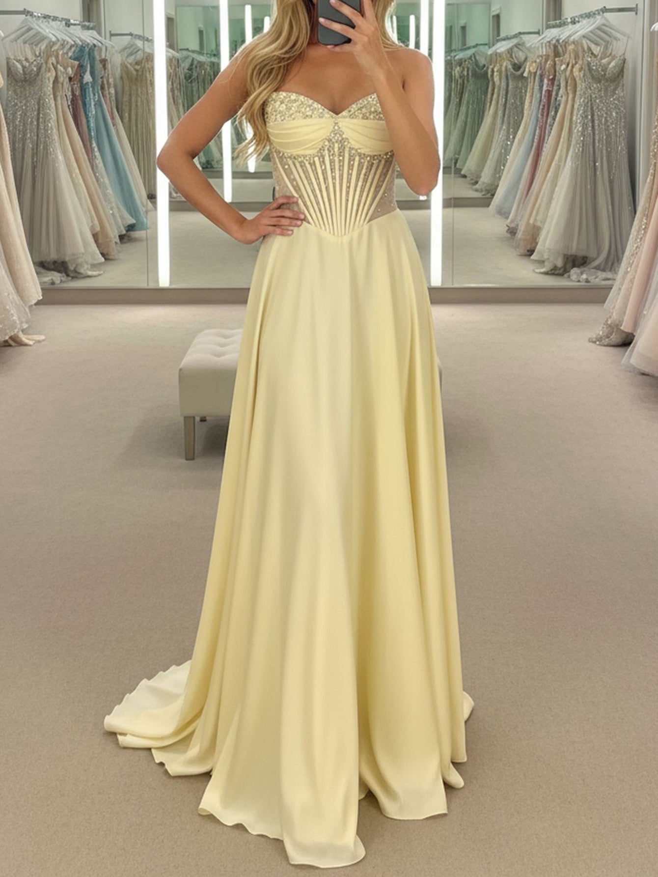 Strapless Beading Illusion Ruched Bodice Mermaid Prom Dress - Yellow