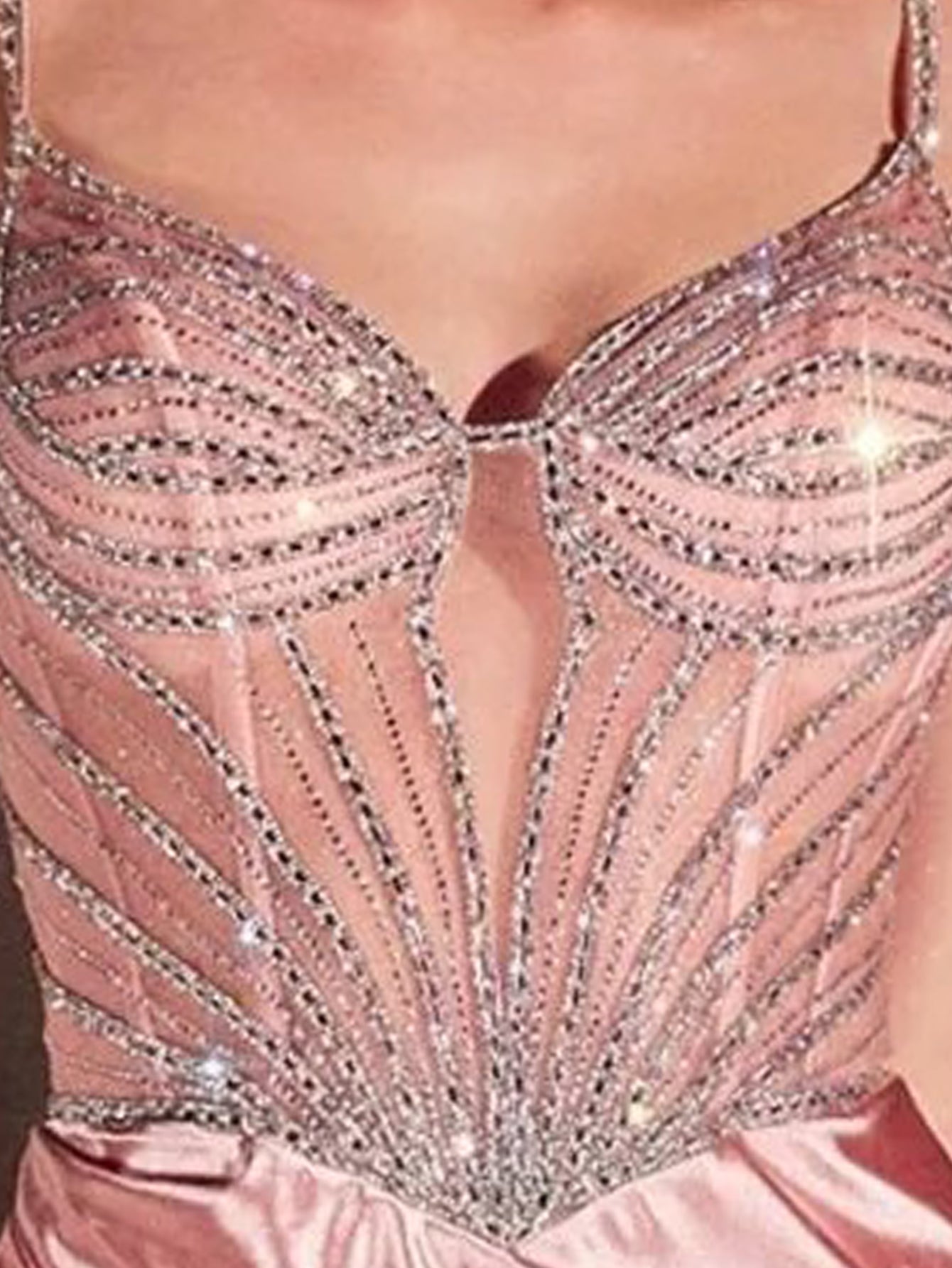 Spaghetti Strap Beading Ruched Lace Up Bodice Mermaid Prom Dress With Slit - Pink