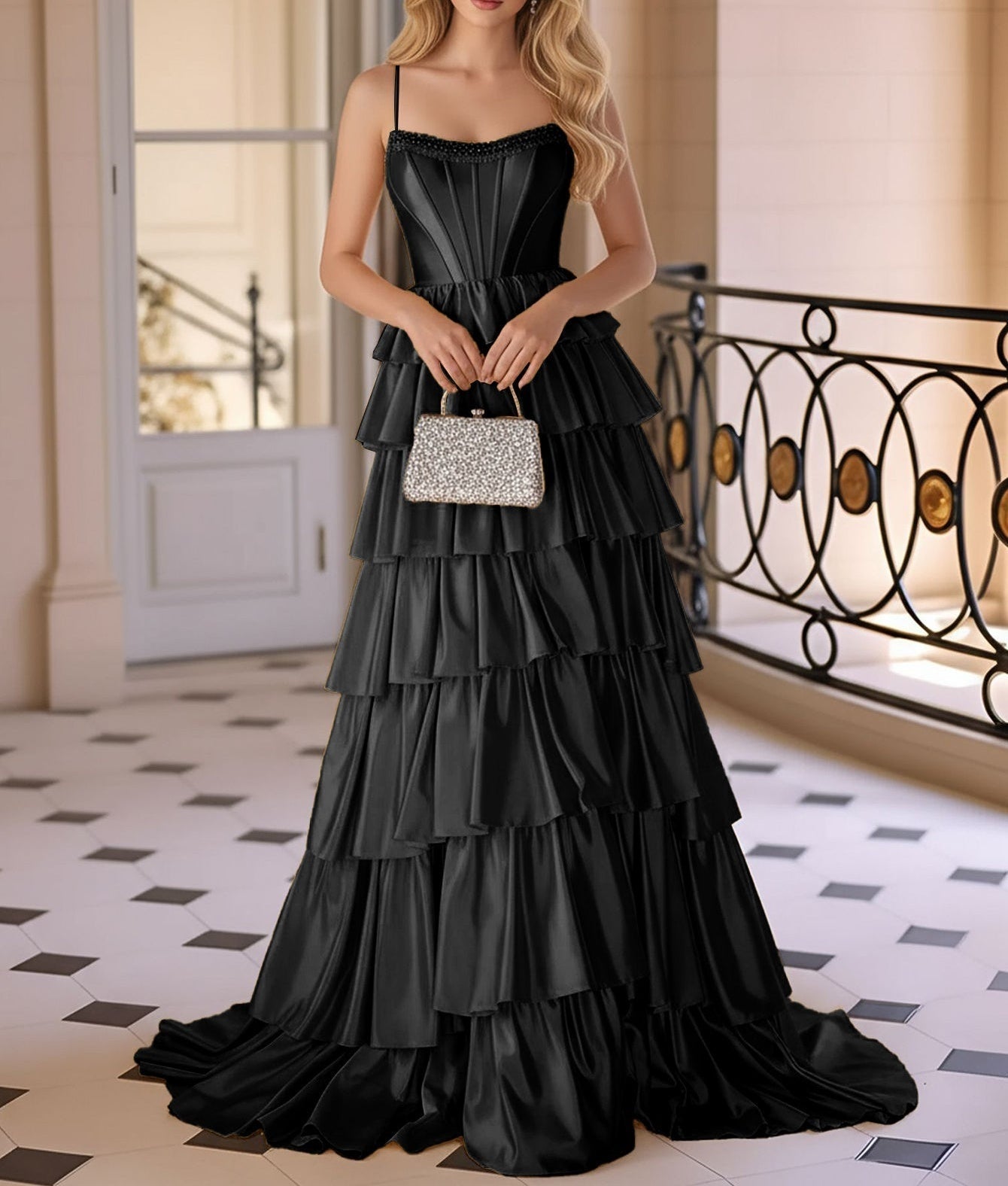 Spaghetti Strap Layered Lace Up Pleated Bodice Ball Gown Prom Dress - Black