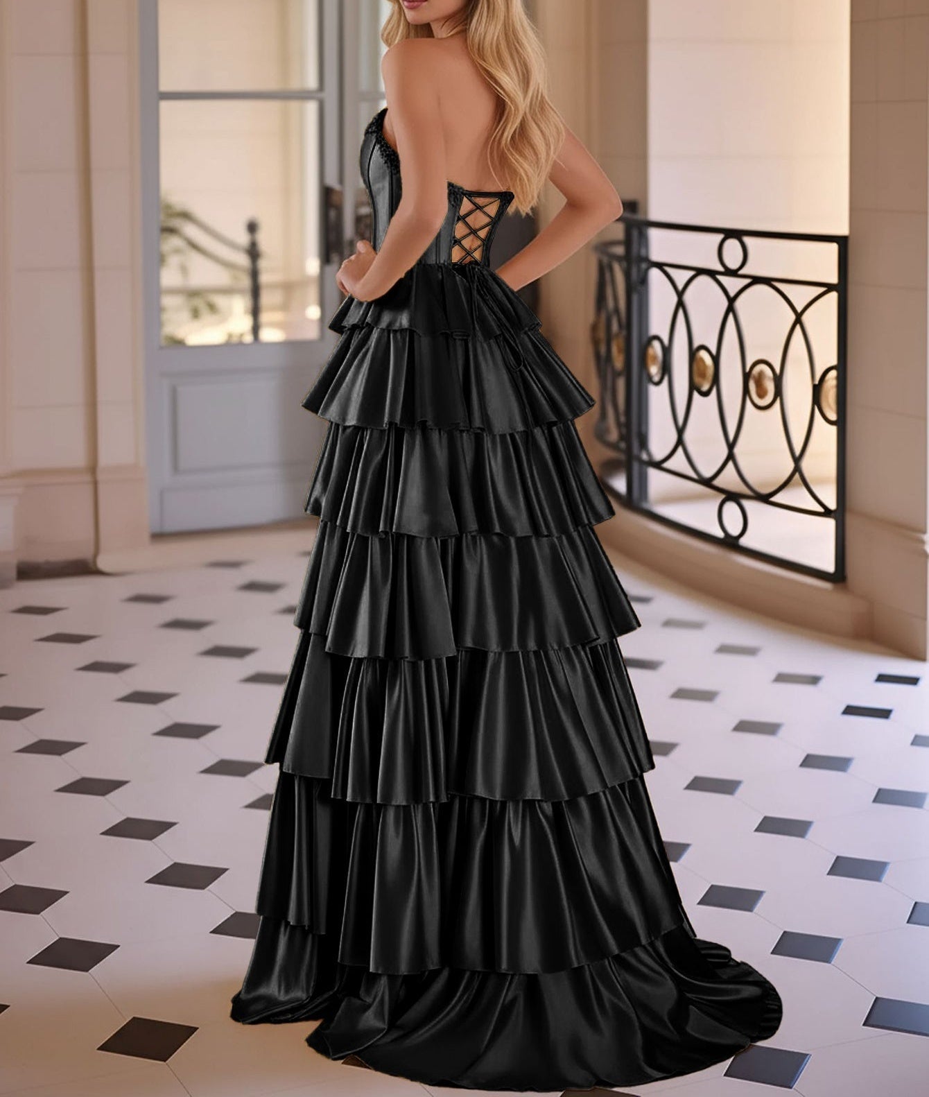 Spaghetti Strap Layered Lace Up Pleated Bodice Ball Gown Prom Dress - Black