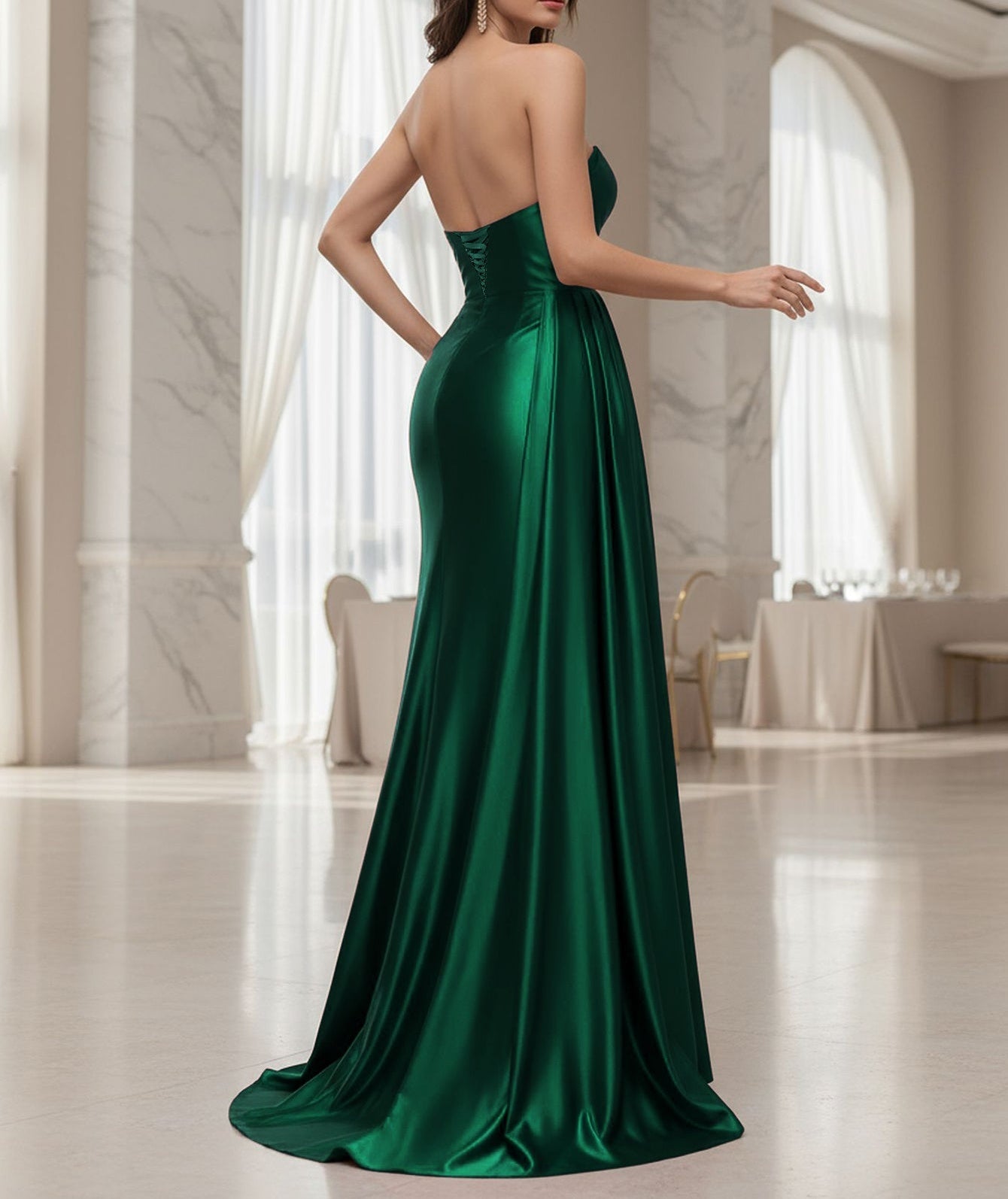 Strapless Lace Up Ruched Bodice Mermaid Prom Dress With Drop - Green