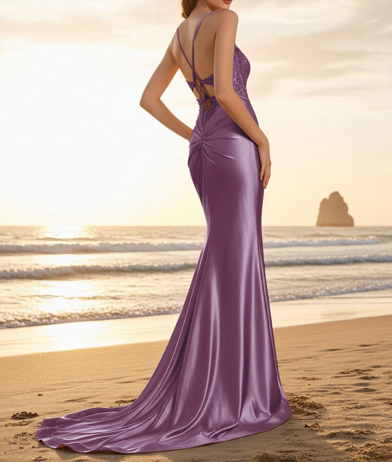 Spaghetti Strap Illusion Ruched Beading Bodice Mermaid Prom Dress - Purple