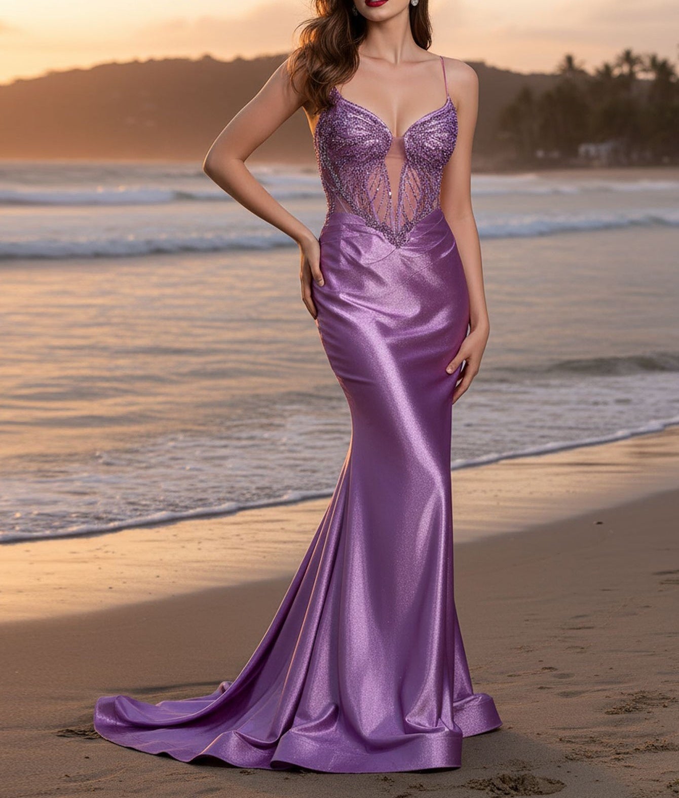 Spaghetti Strap Illusion Ruched Beading Bodice Mermaid Prom Dress - Purple