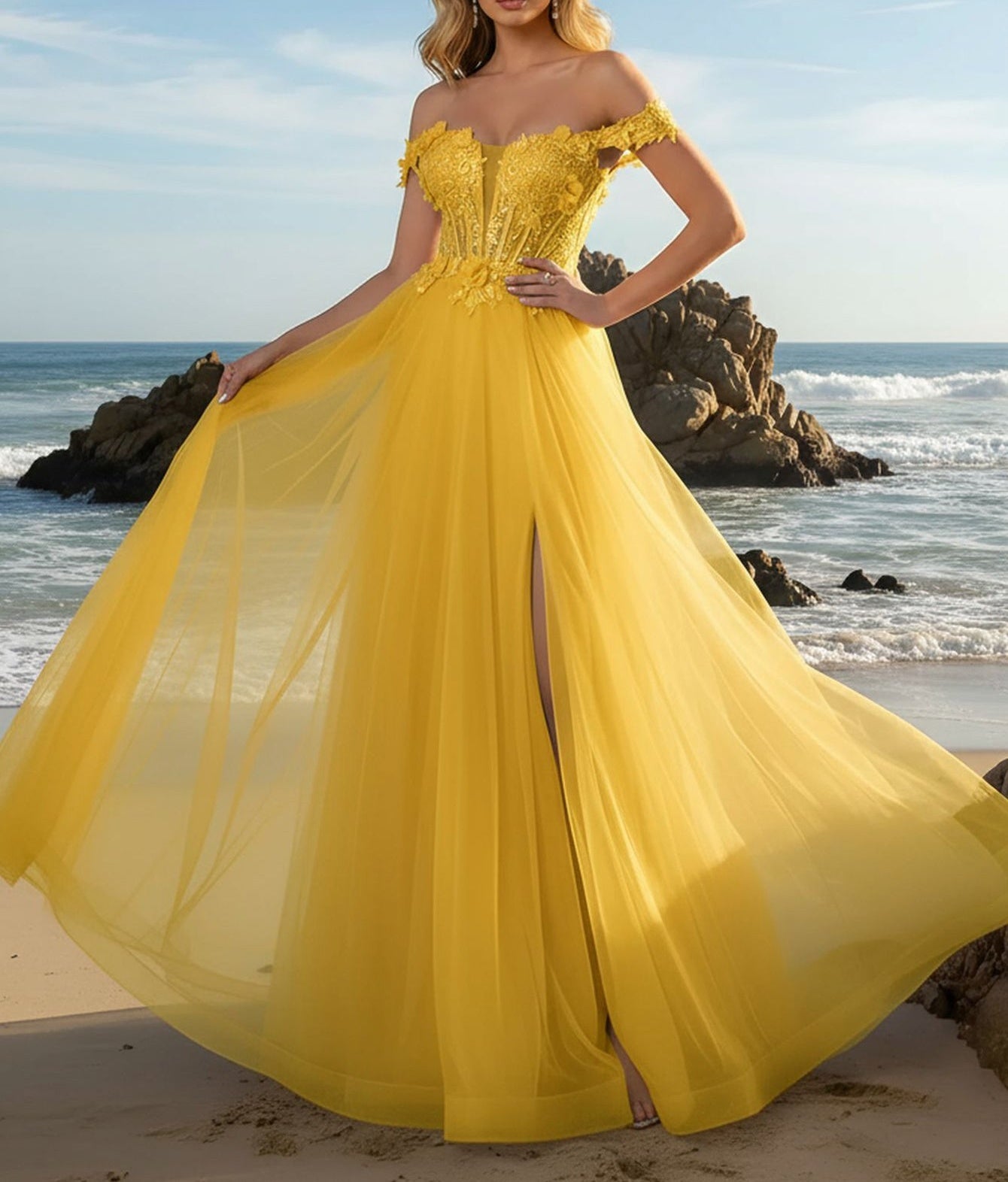 Hand Made Floral Beaded Prom Dress With Split - Yellow