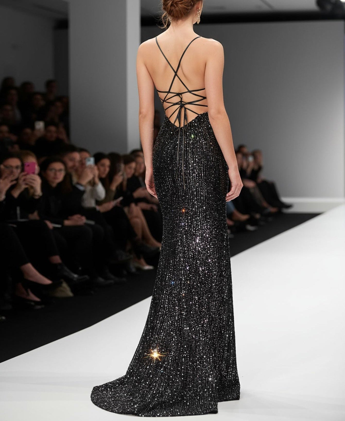 Sparkly Lace Up Bodice Mermaid Prom Dress With Slit - Black