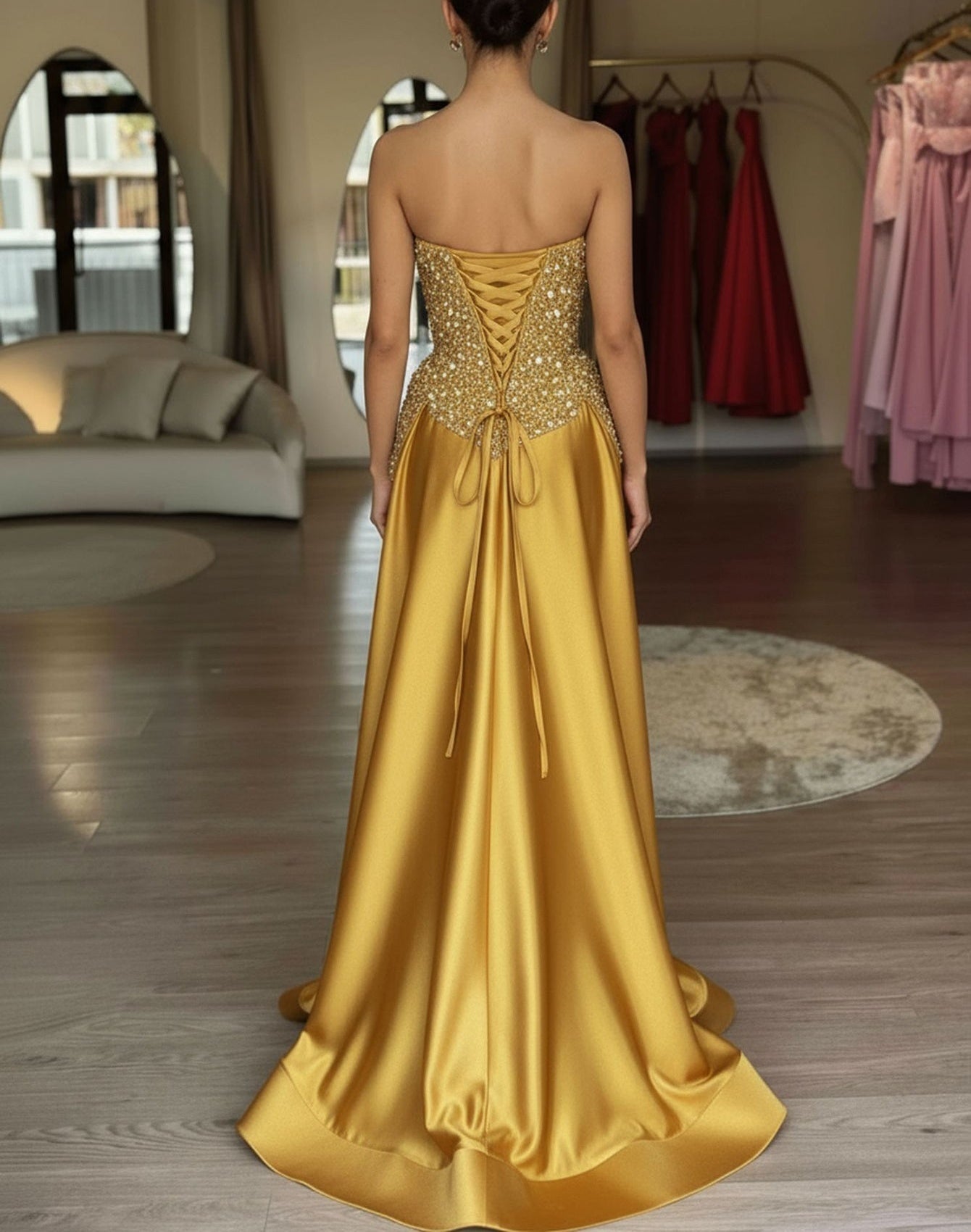 Crystal Two Pieces A-Line Strapless Long Prom Dress - Gold