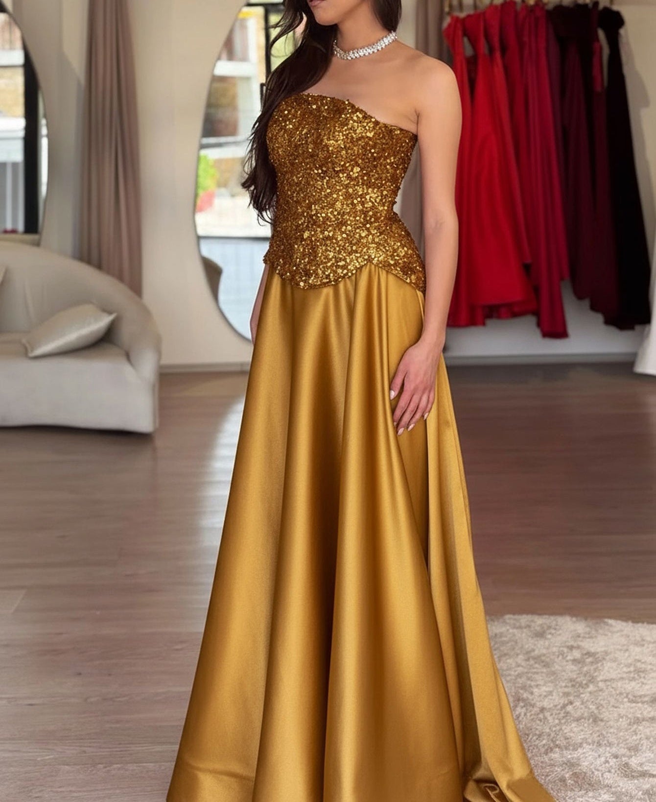 Crystal Two Pieces A-Line Strapless Long Prom Dress - Gold
