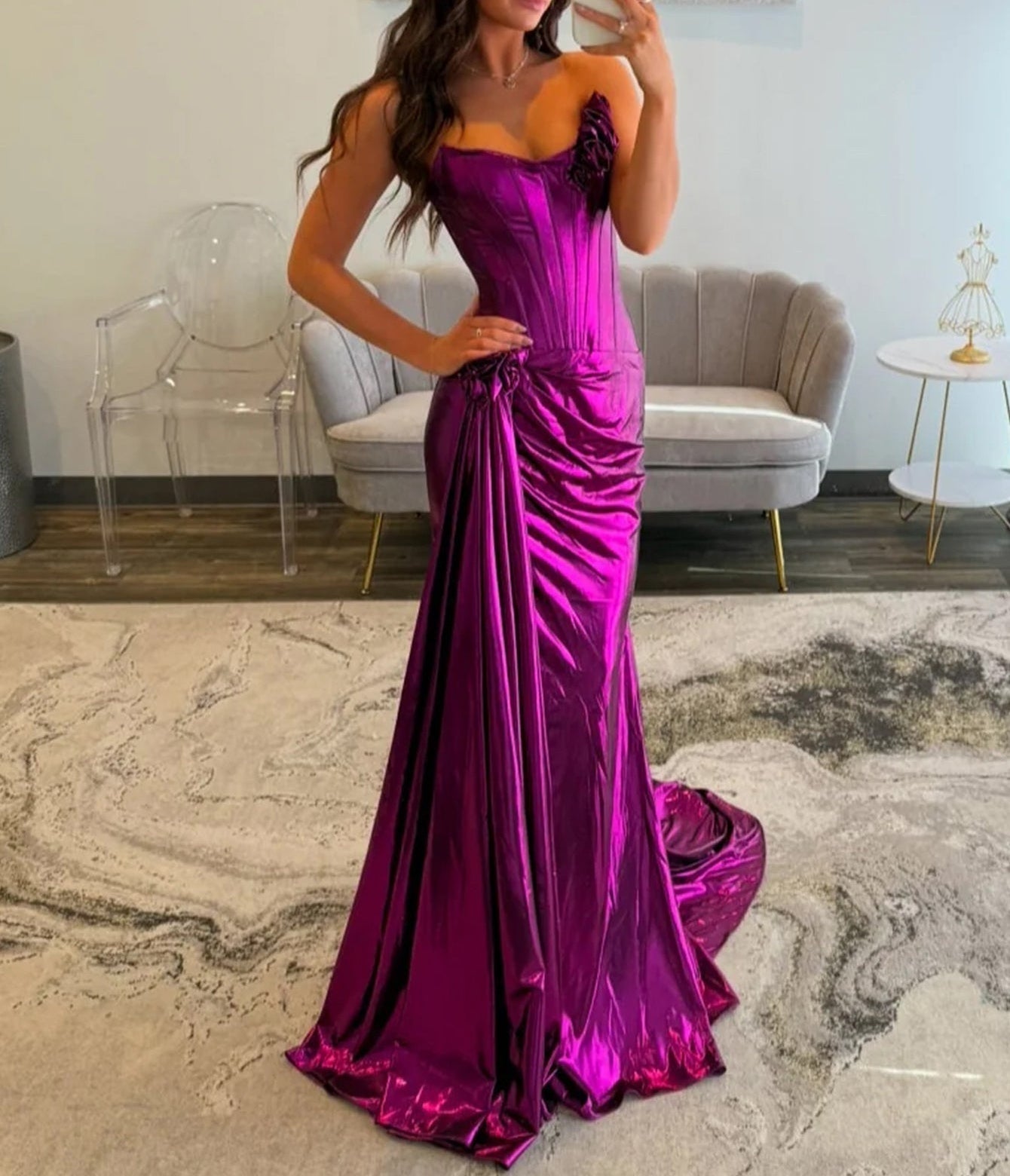 Hand Made Flowers Boned Strapless Mermaid Prom Dress With Drop - Purple
