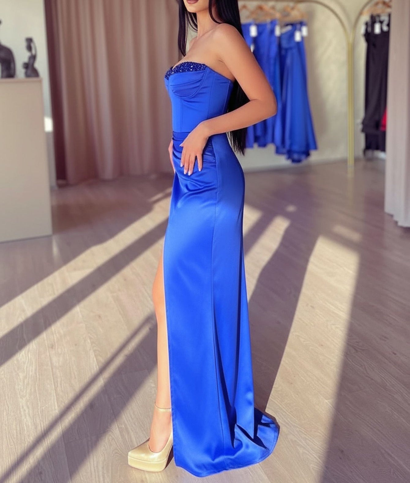 Crystal Ruched Sheath Long Prom Dress With Split - Royal Blue