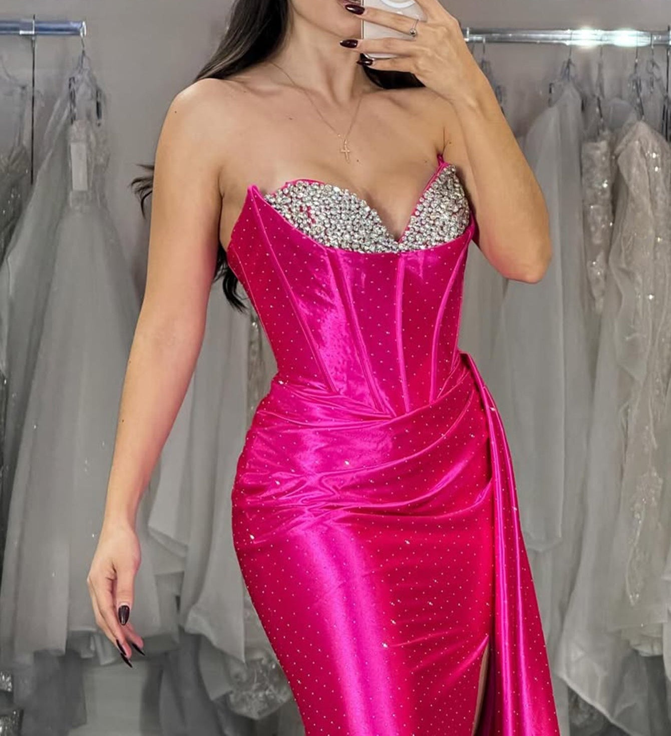 Sparkly Sweetheart Slit Mermaid Long Prom Dress With Drop - Hot Pink