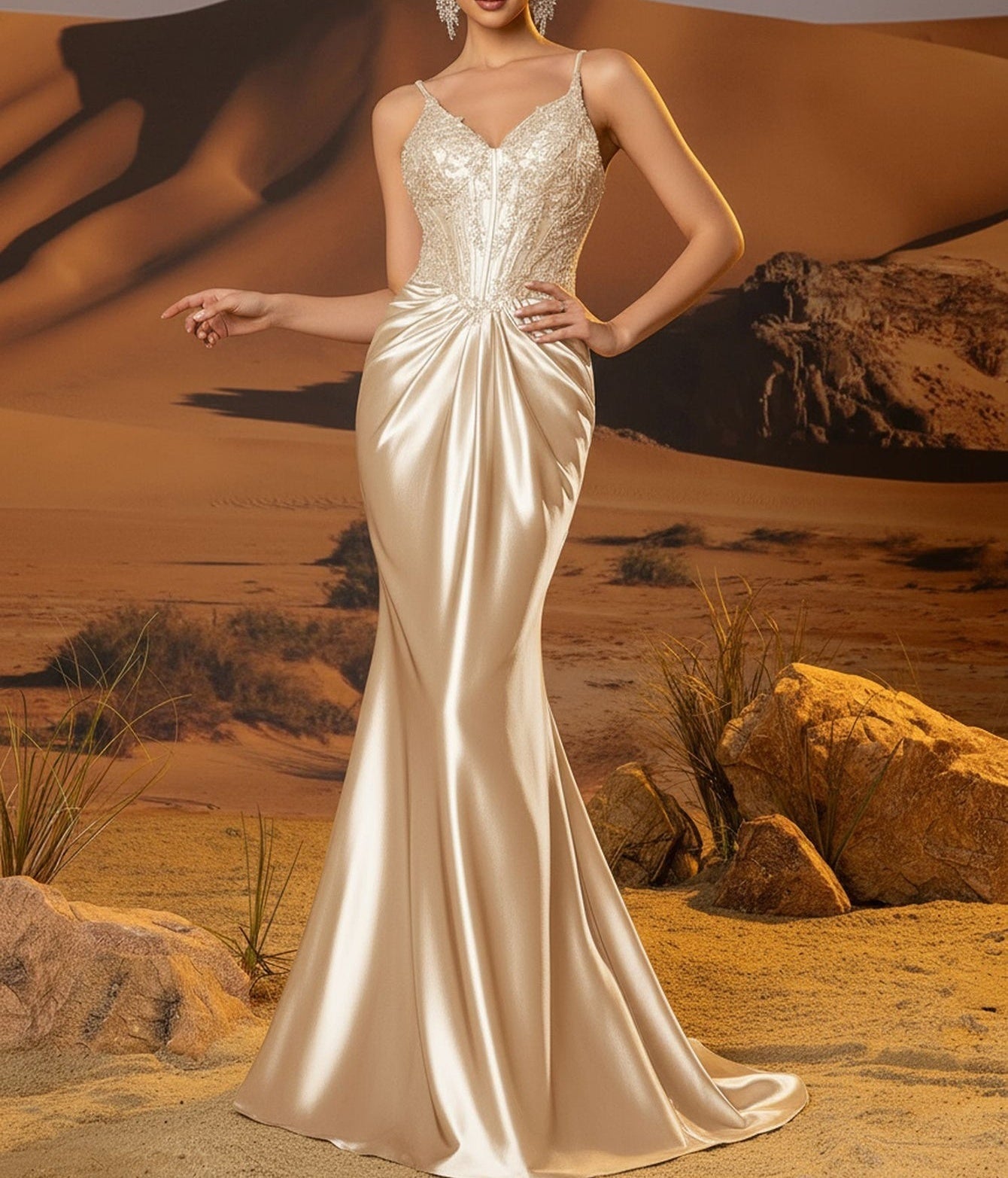 Bodice Lace Embroidery Mermaid Prom Dress Long - Champagne