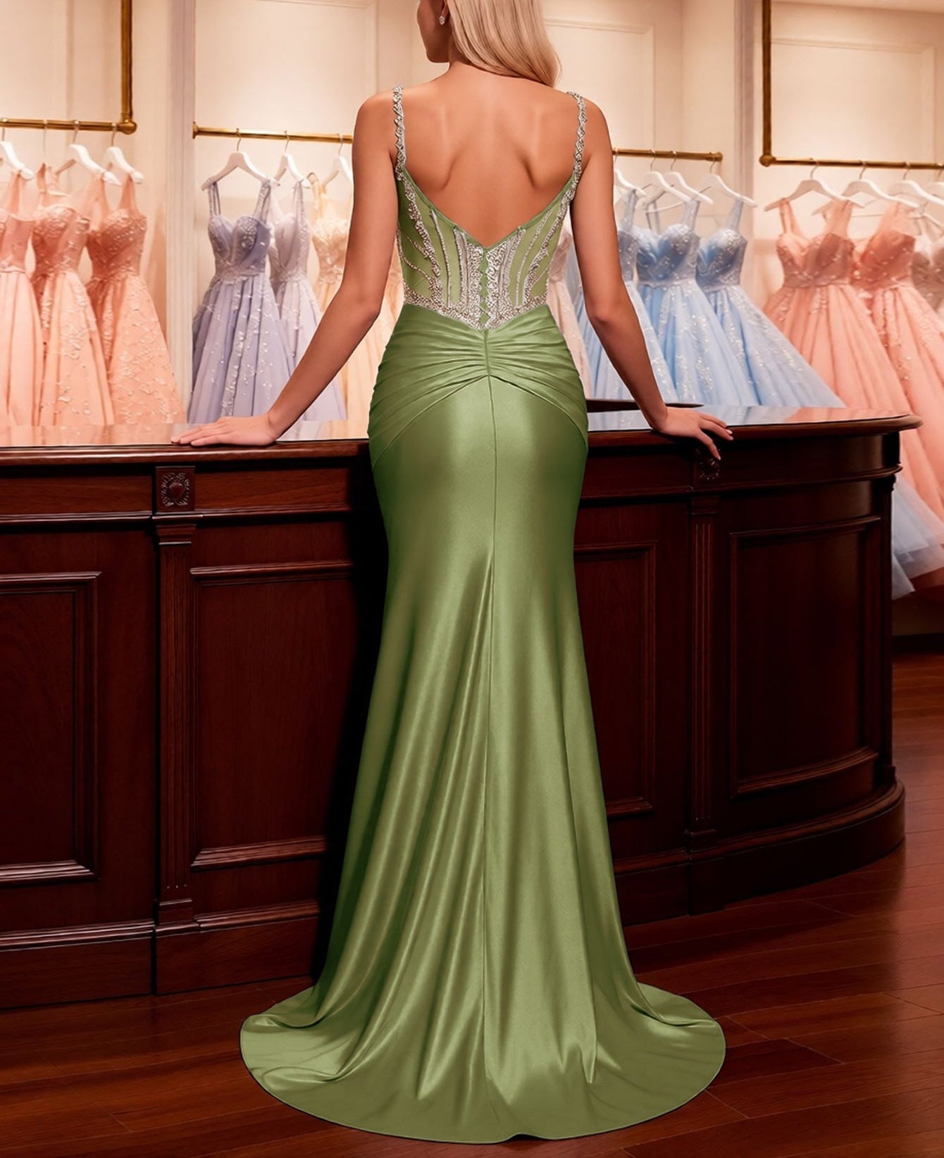 Luxury Crystal Illusion Bodice Mermaid Long Prom Dress - Olive Green