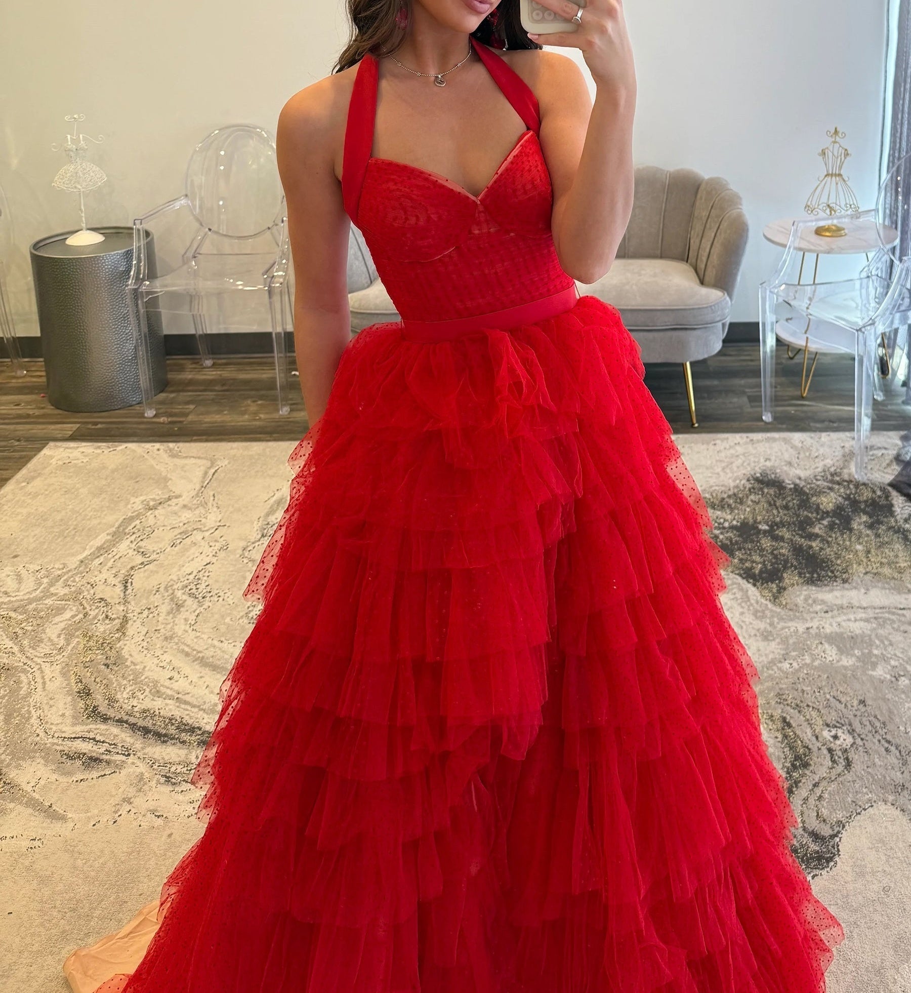 Sweetheart Red Polka Dot Ball Gown Prom Dress With Belt - Red