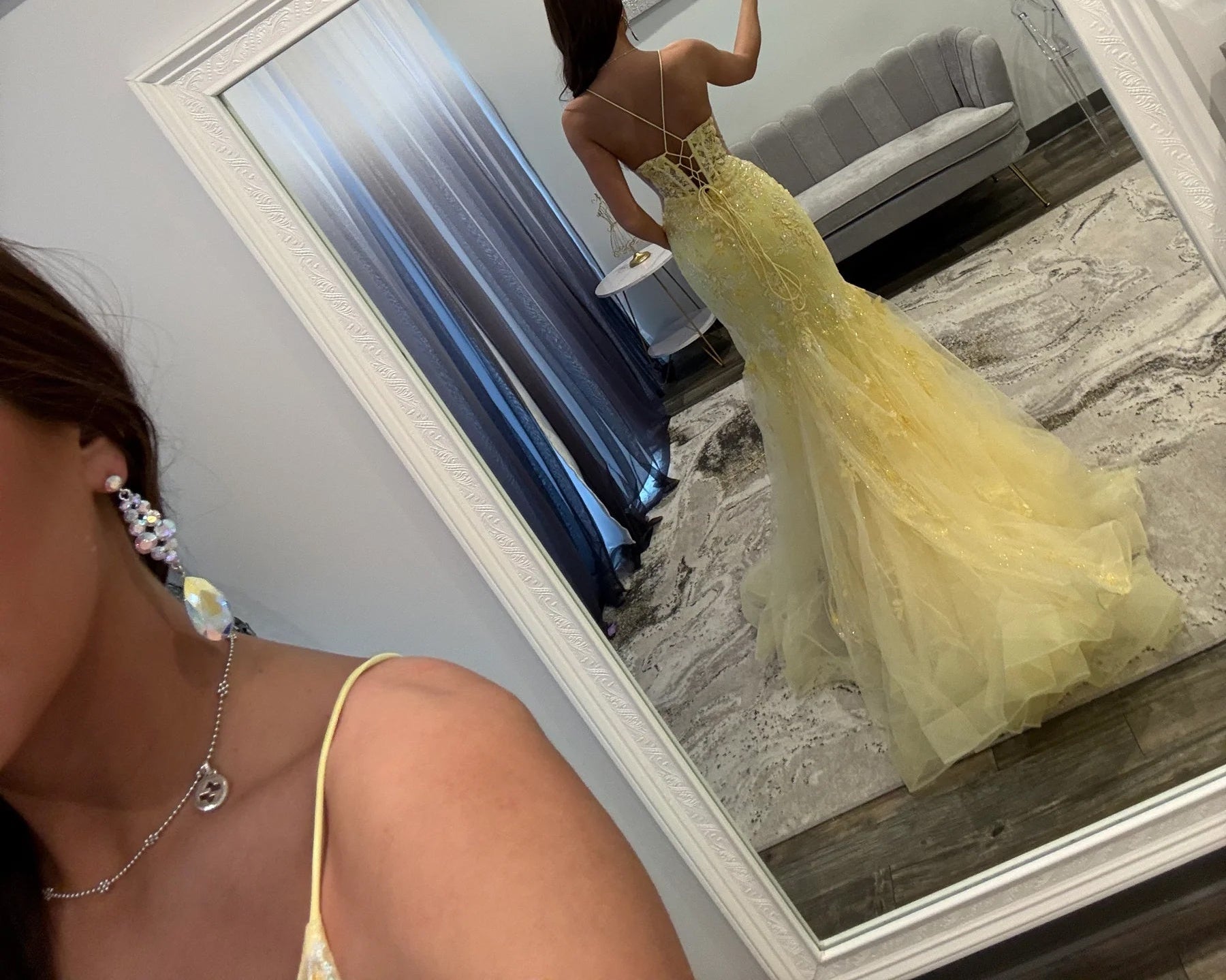 Lace Embroidery Illusion Mermaid Long Prom Dress - Yellow