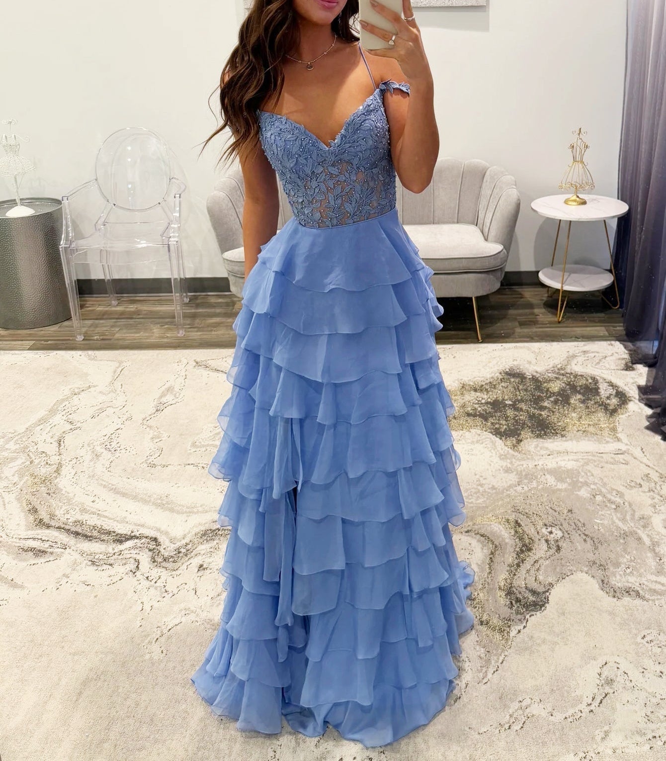 Lace Illusion Ruffle Tiered Ball Gown Prom Dress - Blue