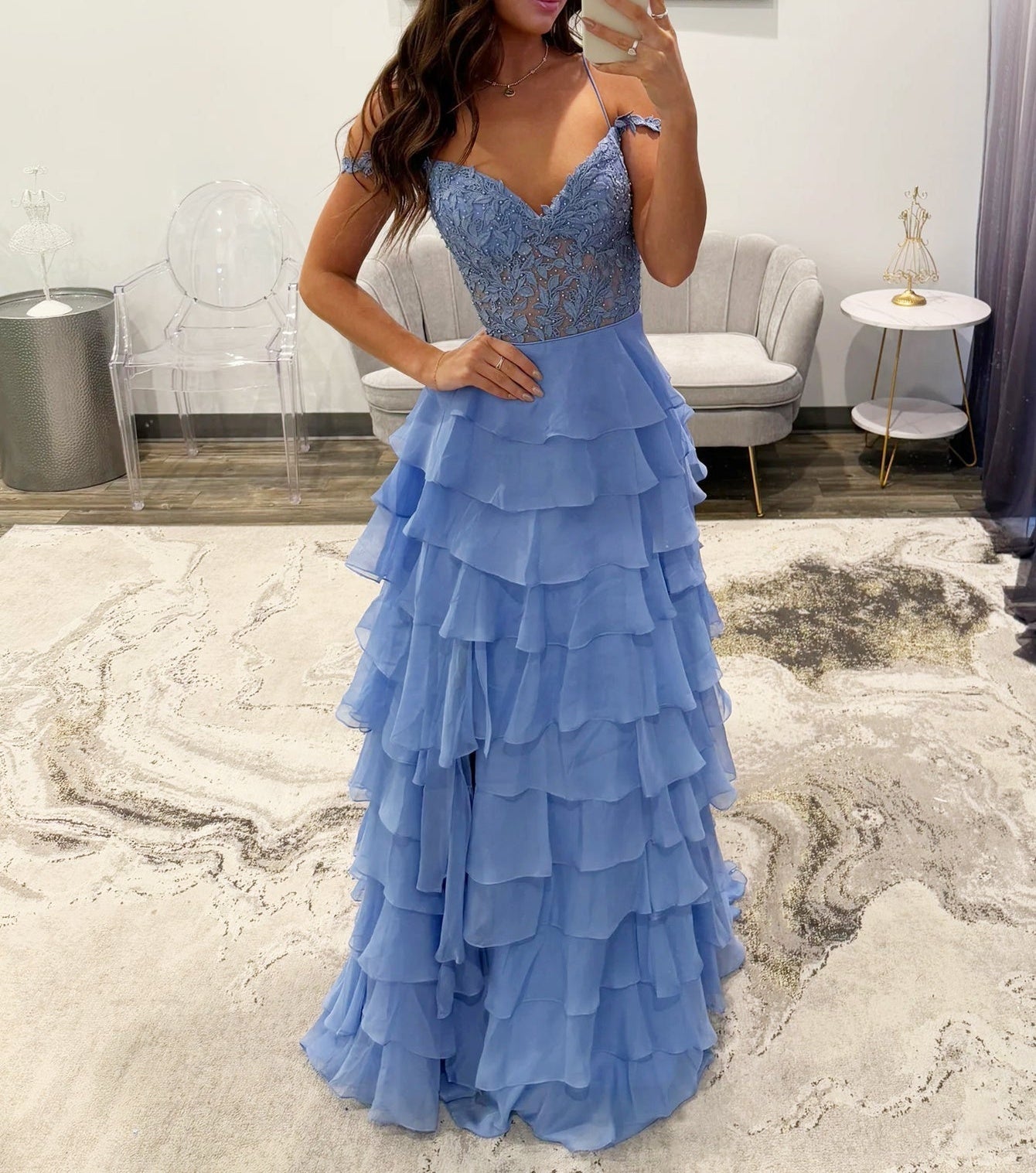 Lace Illusion Ruffle Tiered Ball Gown Prom Dress - Blue