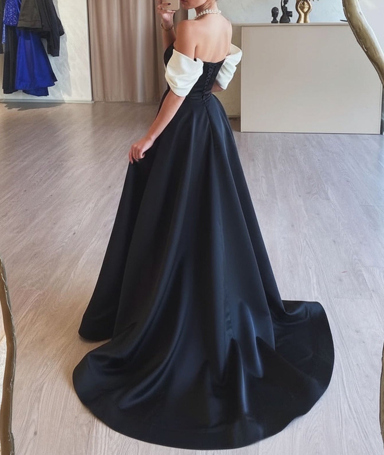 Off Shoulder Pleated Ball Gown Long Prom Dress - Black