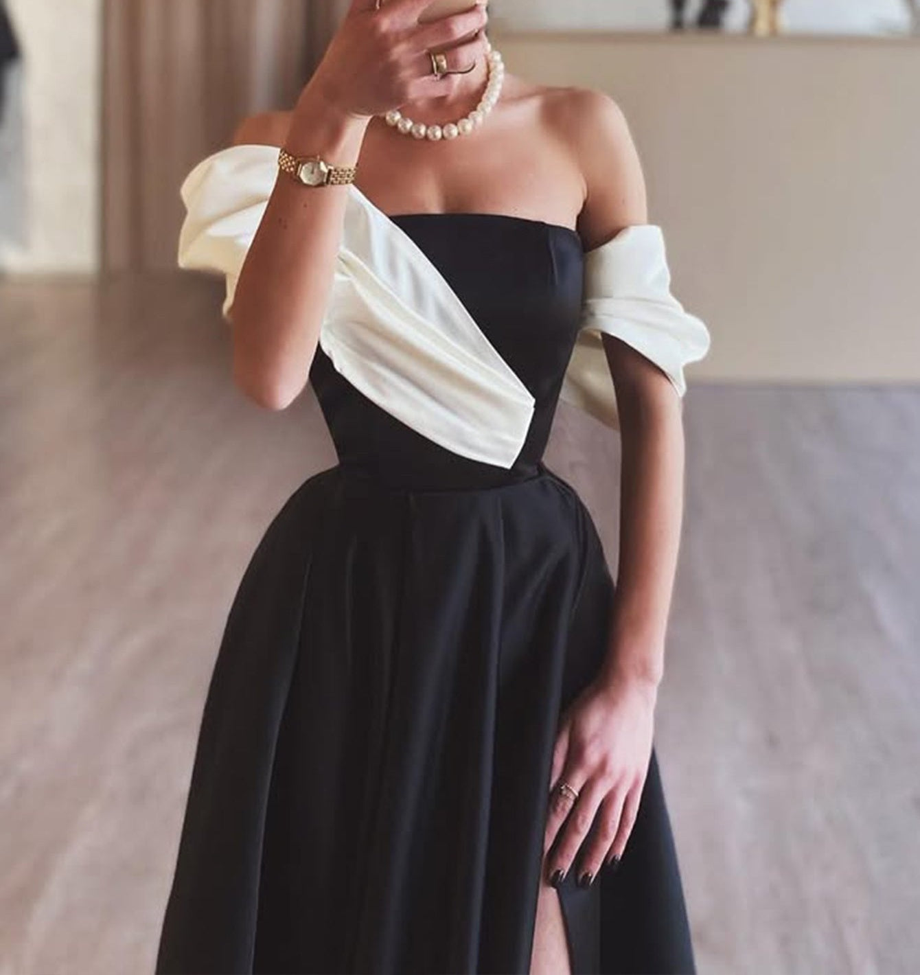 Off Shoulder Pleated Ball Gown Long Prom Dress - Black