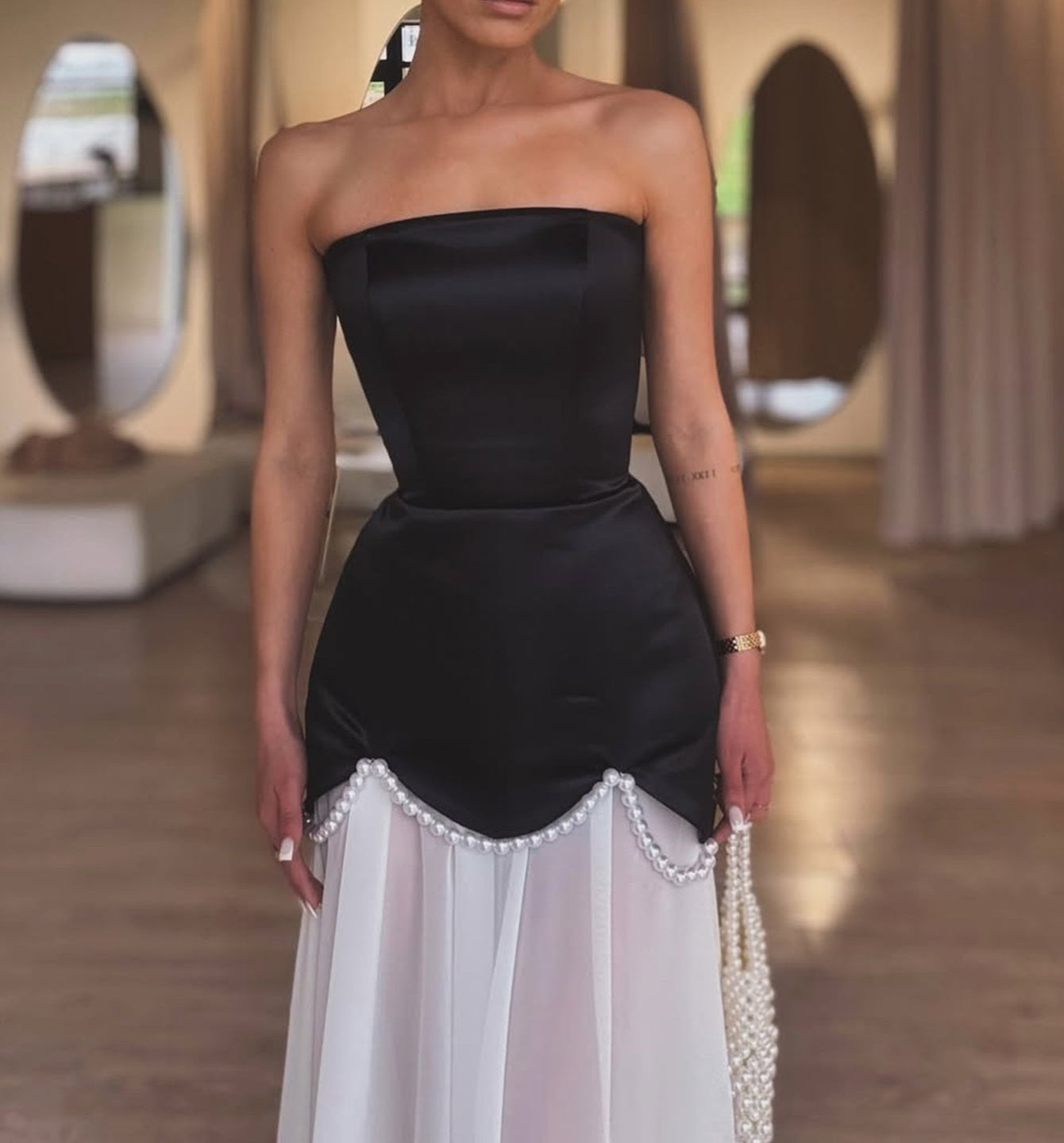 Hand Beading Strapless Two Pieces Pearl Prom Dress With Shawl - Black