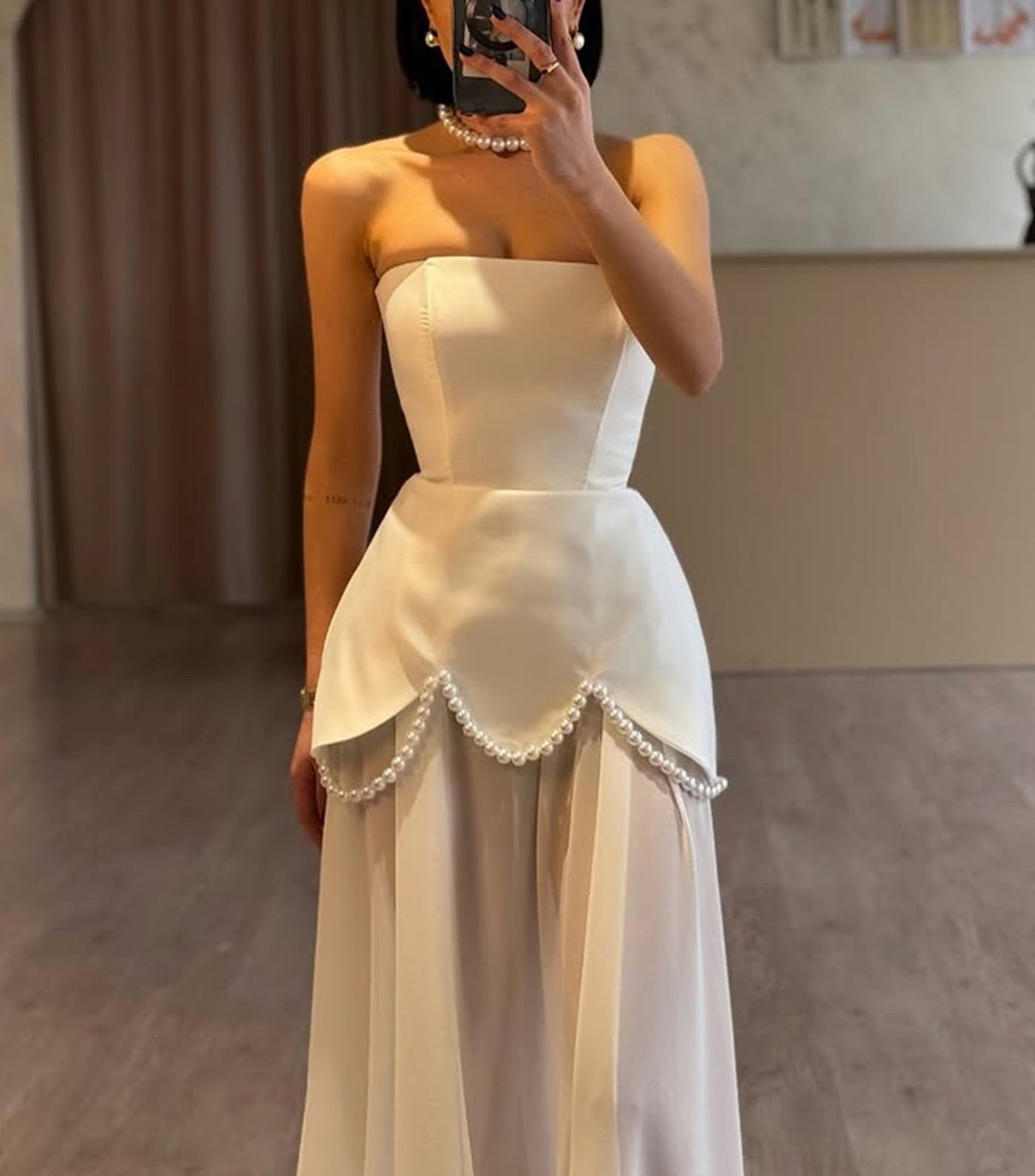 Hand Beading Strapless Two Pieces Pearl Prom Dress With Shawl - White