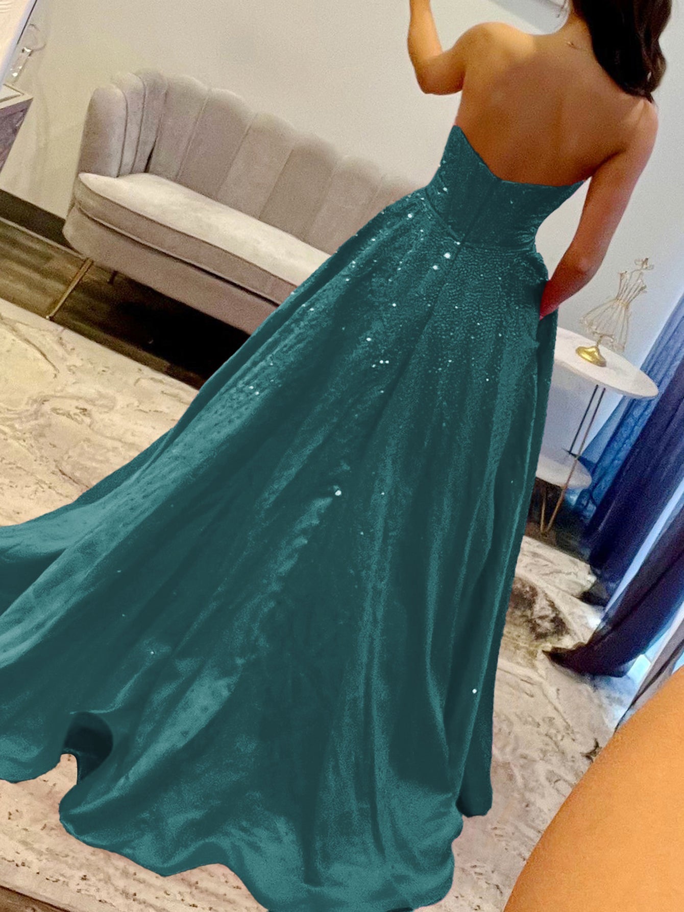 Bow Cut Front Bodice Crystal Ball Gown Prom Dress With Pockets - Turquoise