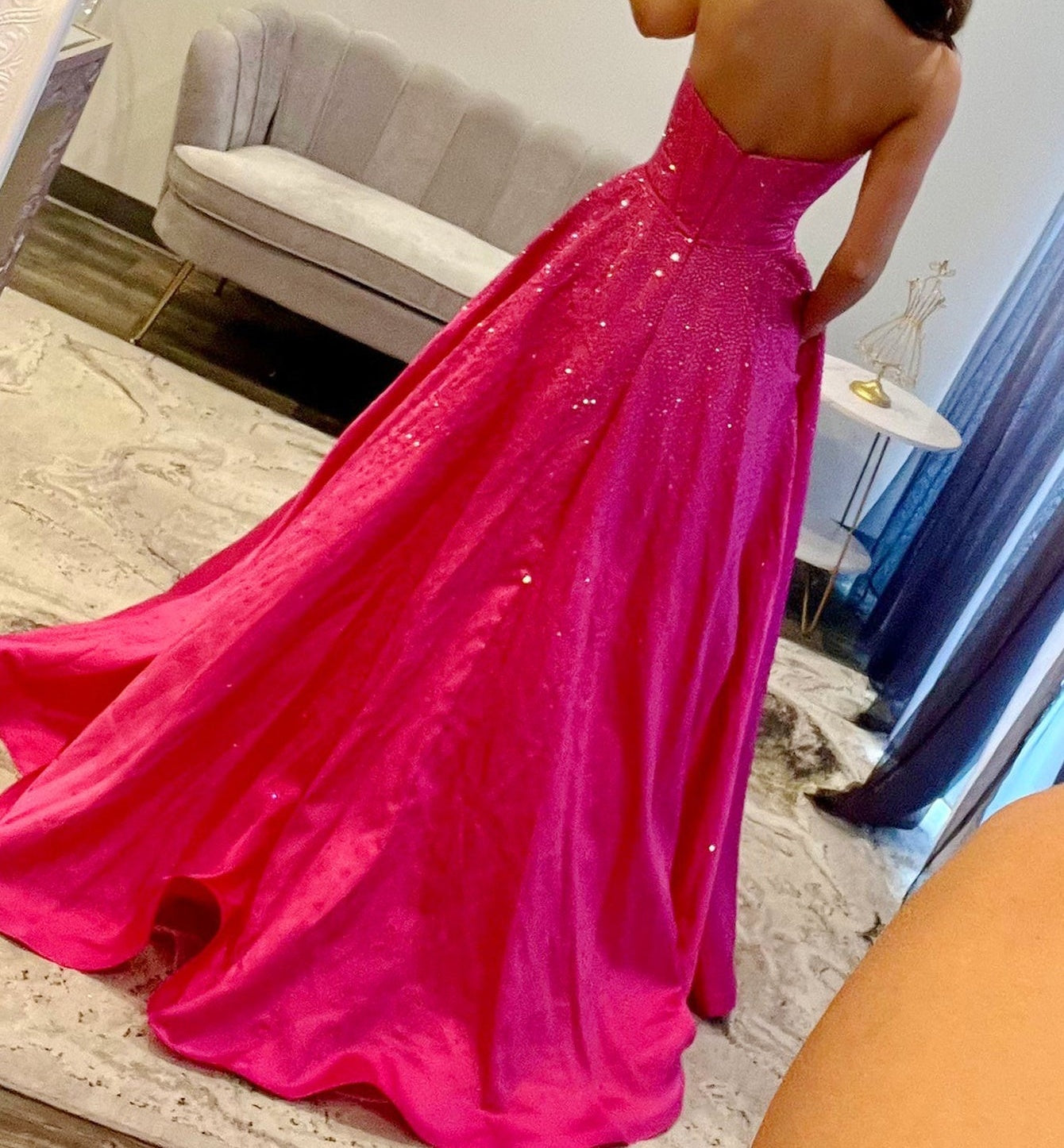 Bow Cut Front Bodice Crystal Ball Gown Prom Dress With Pockets - Hot Pink