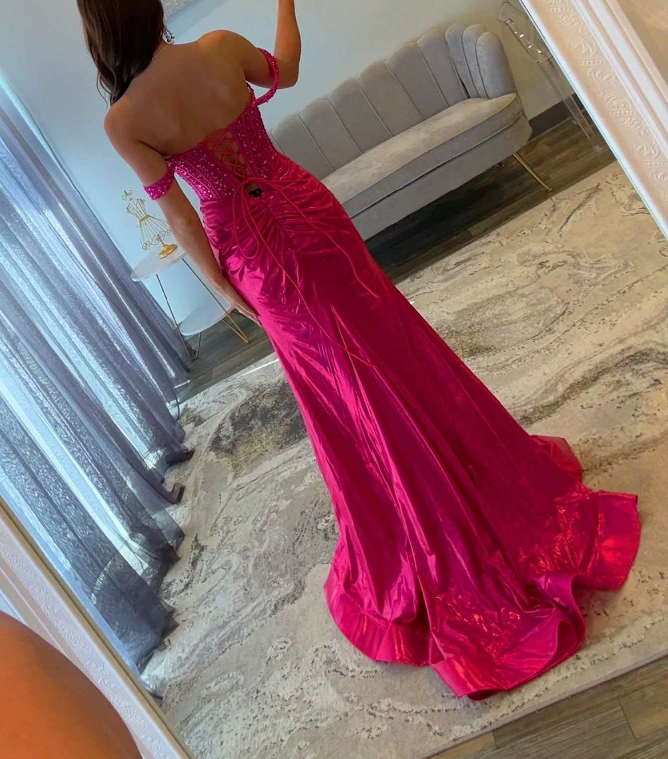 Crystal Boned Off Shoulder Mermaid Prom Dress - Fuchsia
