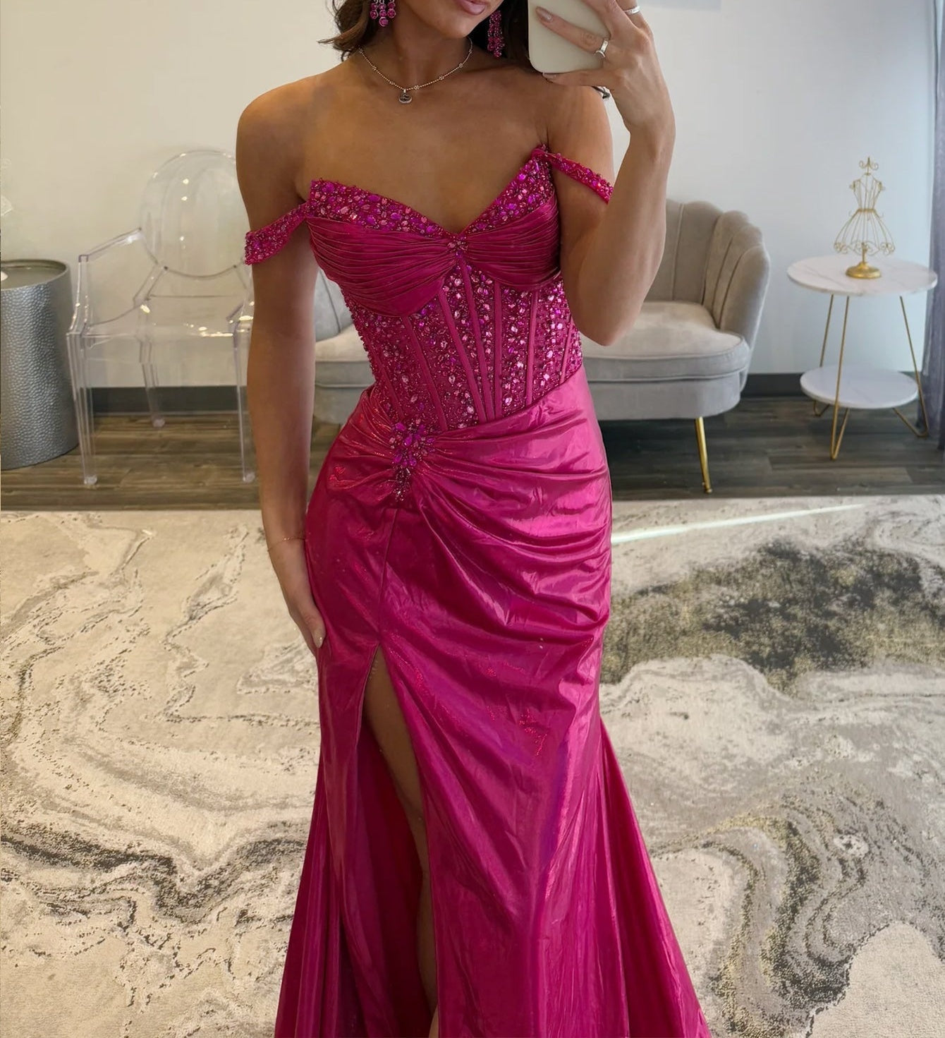 Crystal Boned Off Shoulder Mermaid Prom Dress - Fuchsia