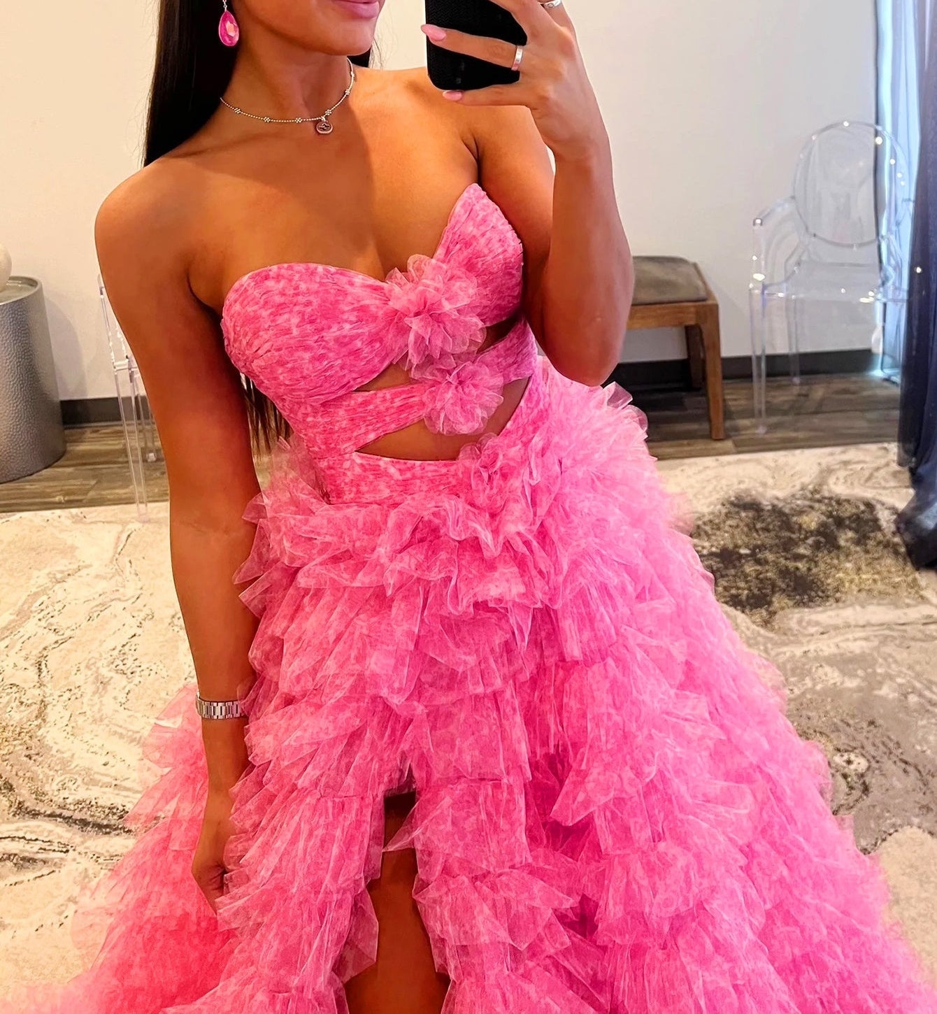 Cut Front 3D Rose Ruffle Ball Gown Prom Dress - Hot Pink