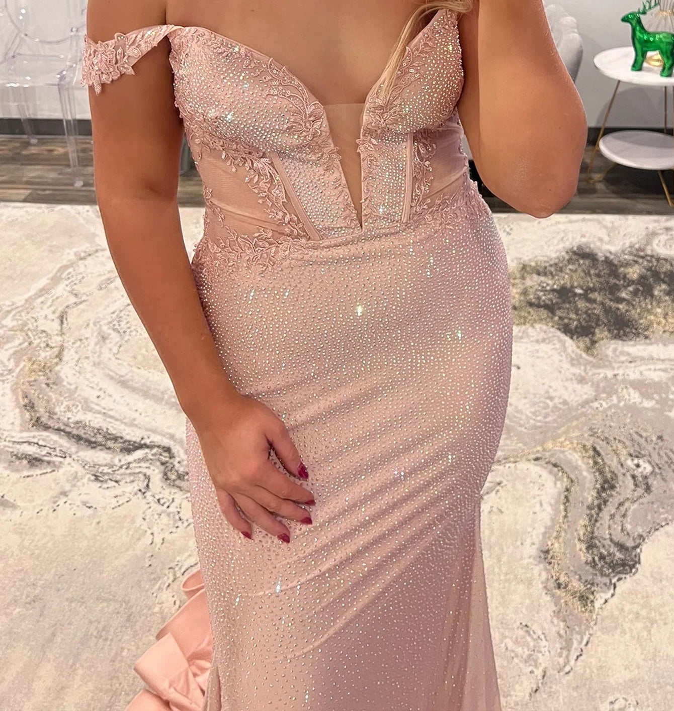Luxury Crystal Illusion Deep V-Neck Mermaid Evening Dress - Blush Pink