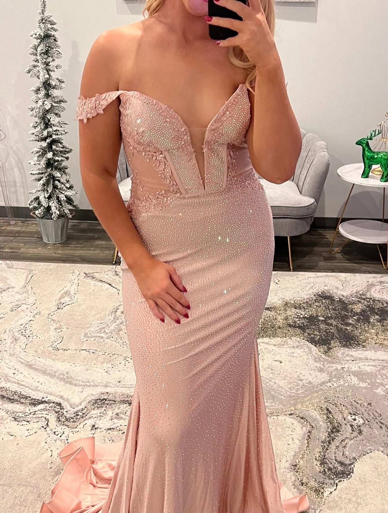 Luxury Crystal Illusion Deep V-Neck Mermaid Evening Dress - Blush Pink