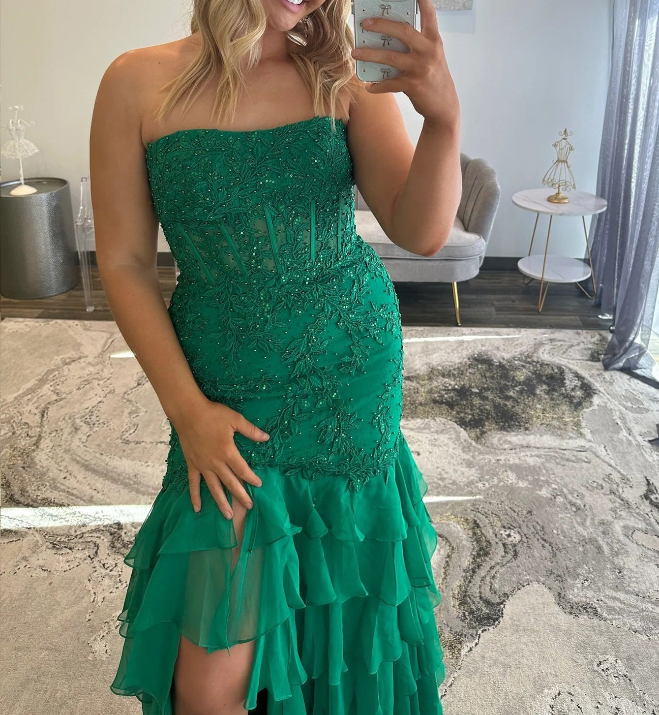 Lace Illusion Ruffle Mermaid Prom Dress - Green