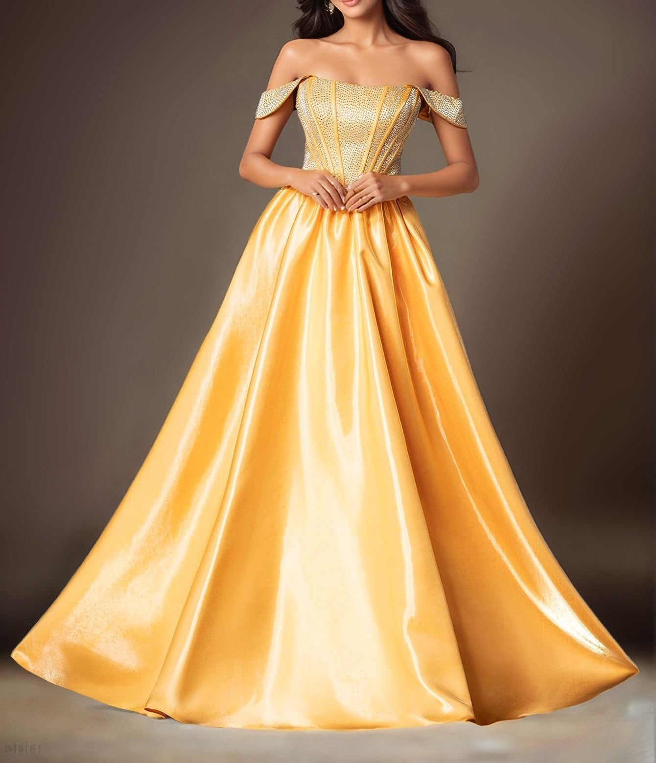 Off Shoulder Crystal Boned Ball Gown Prom Dress - Yellow