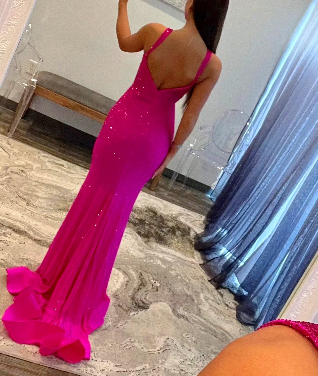 Scoop Boned Mermaid Prom Dress With Slit - Hot Pink