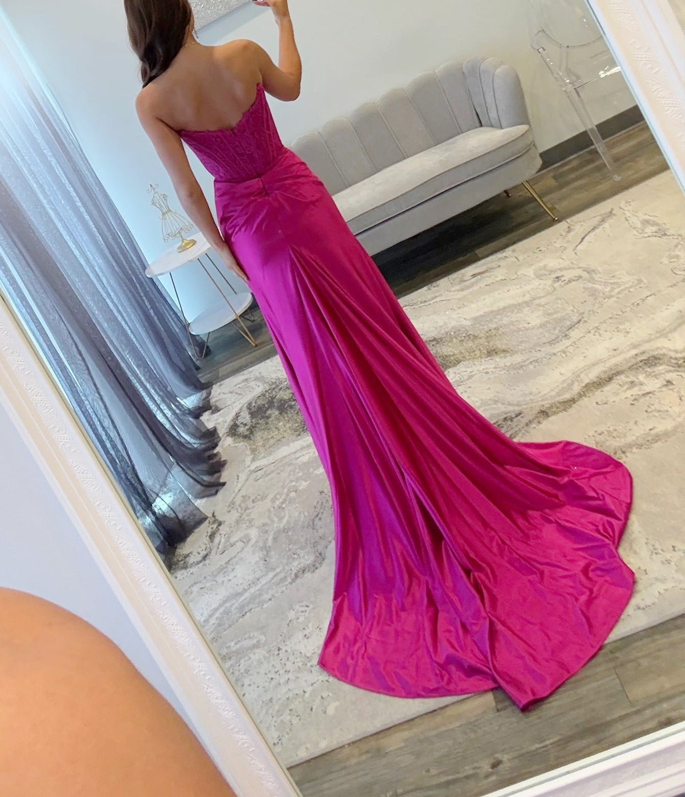 Boned Lace Embroidery Mermaid Prom Dress With Slit - Fuchsia