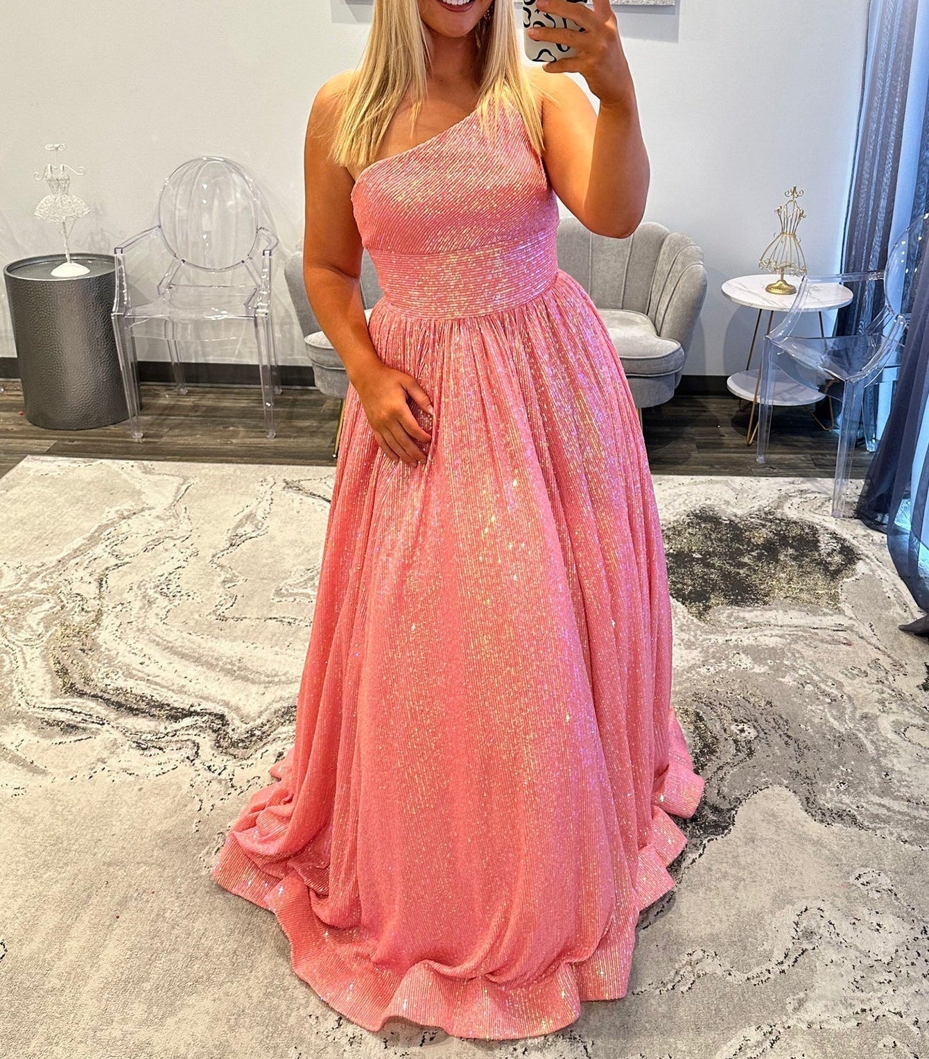 Sparkly Bodice One Shoulder Long Prom Dress - Pink
