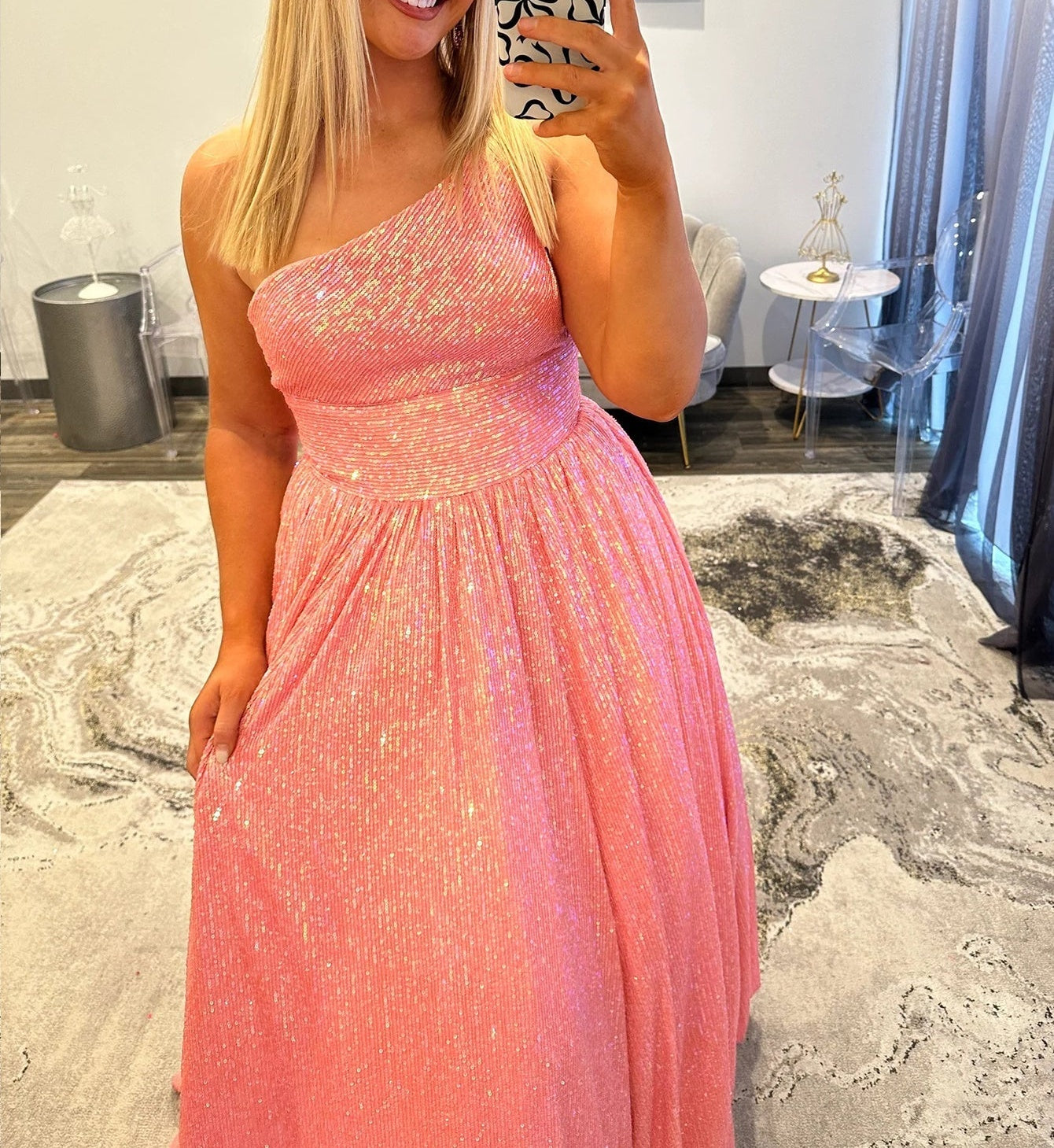 Sparkly Bodice One Shoulder Long Prom Dress - Pink