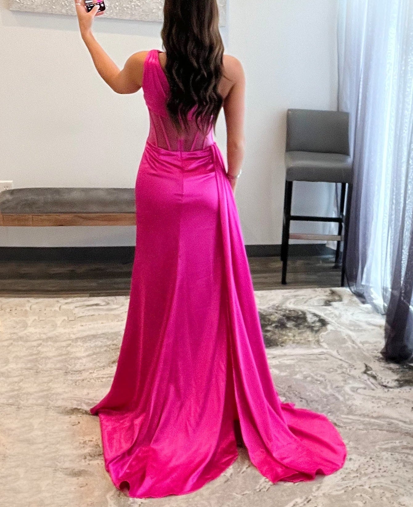 One Shoulder Boned Prom Dress With Waist Drop - Hot Pink
