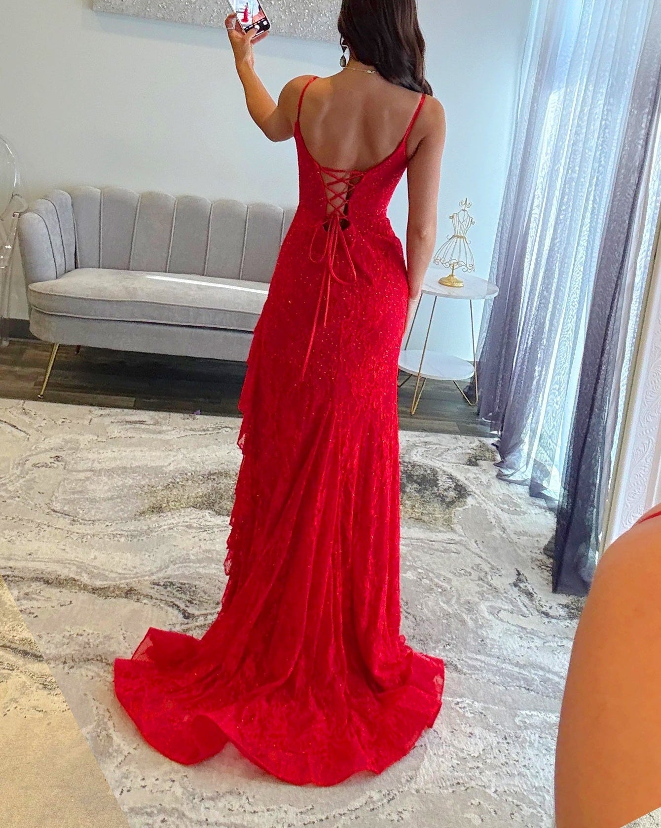Lace Embroidery Hot Fix Prom Dress With Ruffle - Red