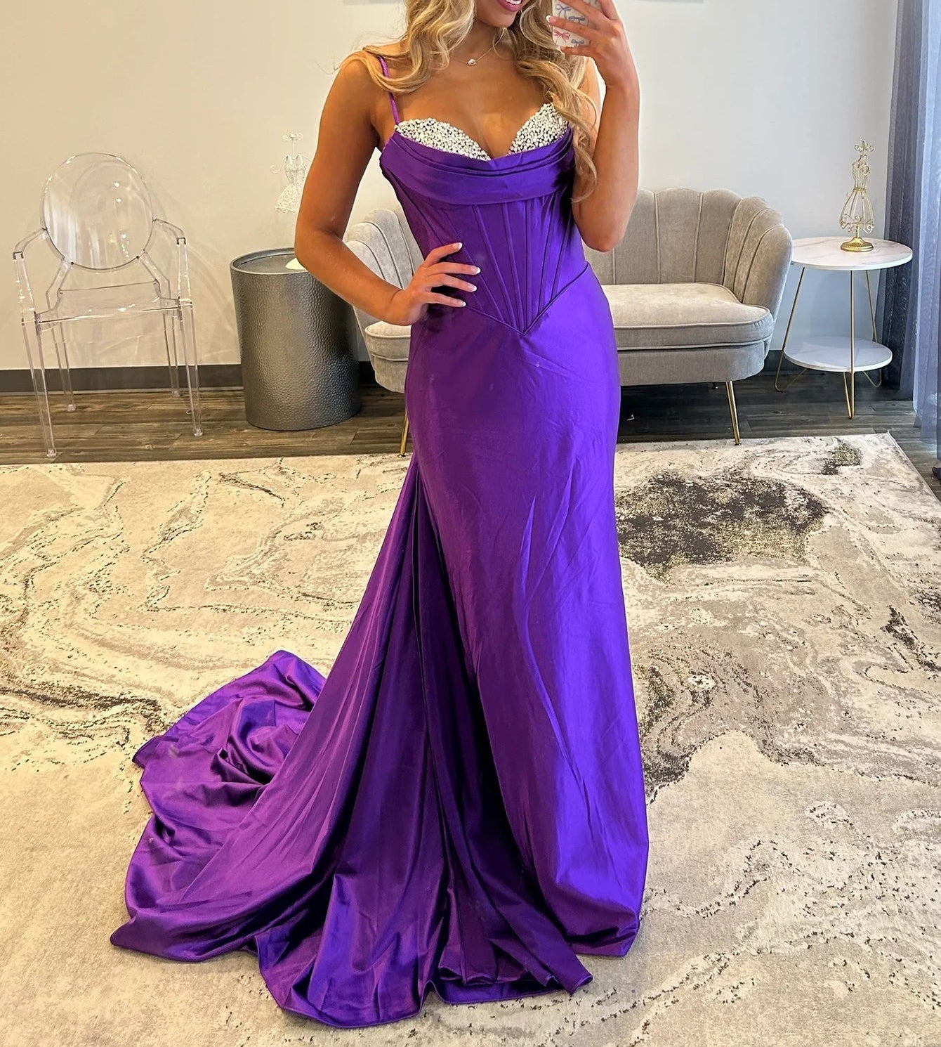 Crystal Boned Mermaid Prom Dress With Waist Drop - Purple