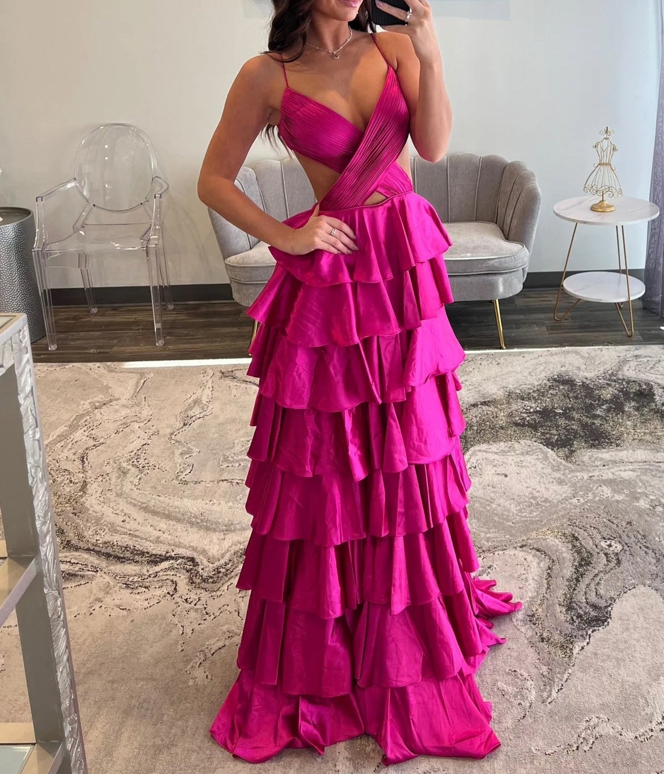Cut Side Cross Pleated Ruffle Ball Gown Prom Dress - Fuchsia