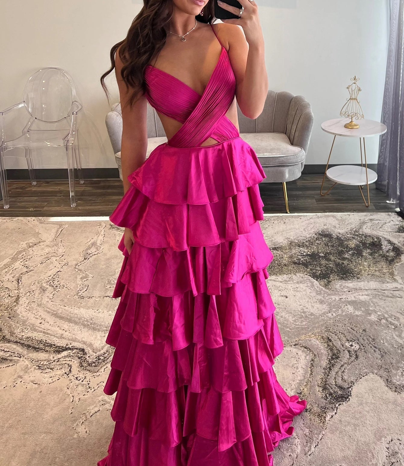 Cut Side Cross Pleated Ruffle Ball Gown Prom Dress - Fuchsia