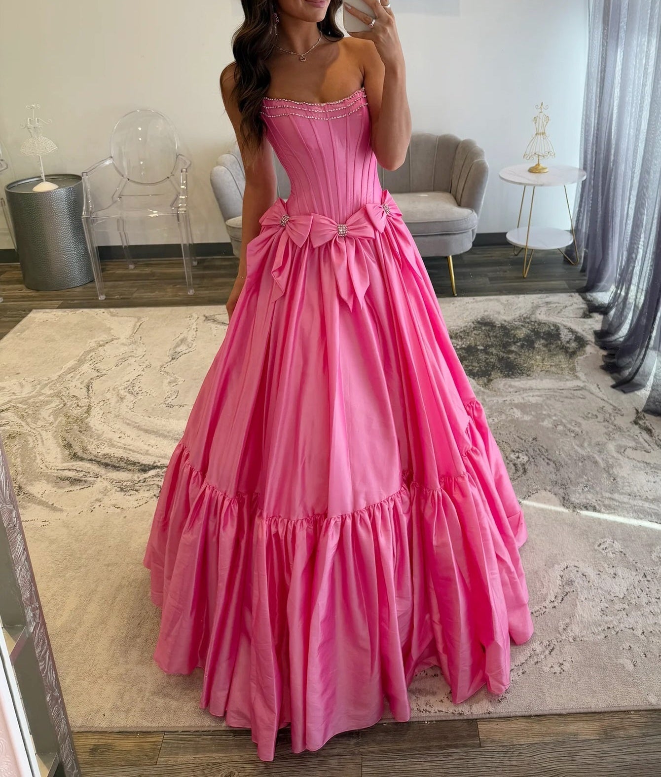 Crystal Boned Ball Gown Prom Dress With Bows - Hot Pink
