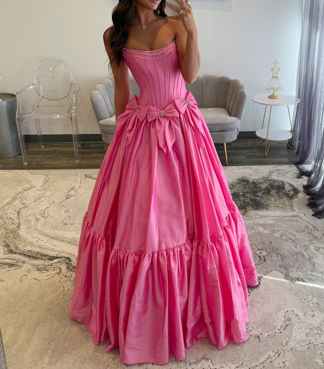 Crystal Boned Ball Gown Prom Dress With Bows - Hot Pink