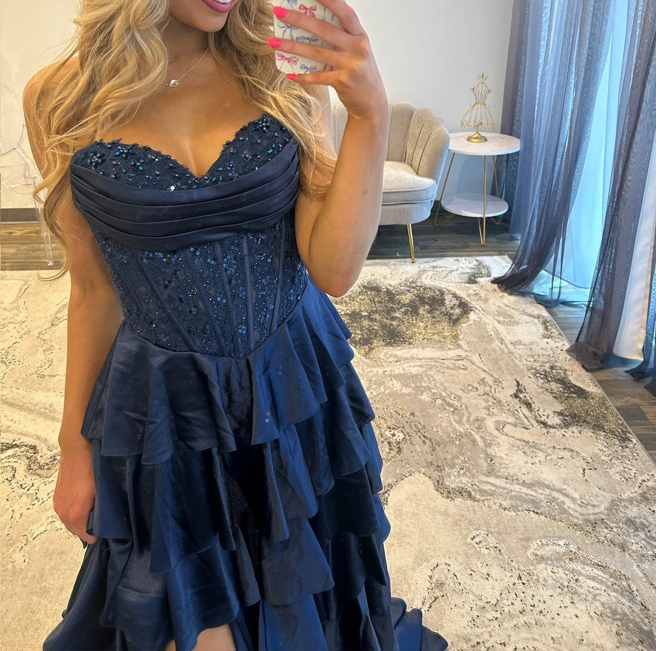 Lace Embroidery Boned Layered Ball Gown Prom Dress - Dark Blue